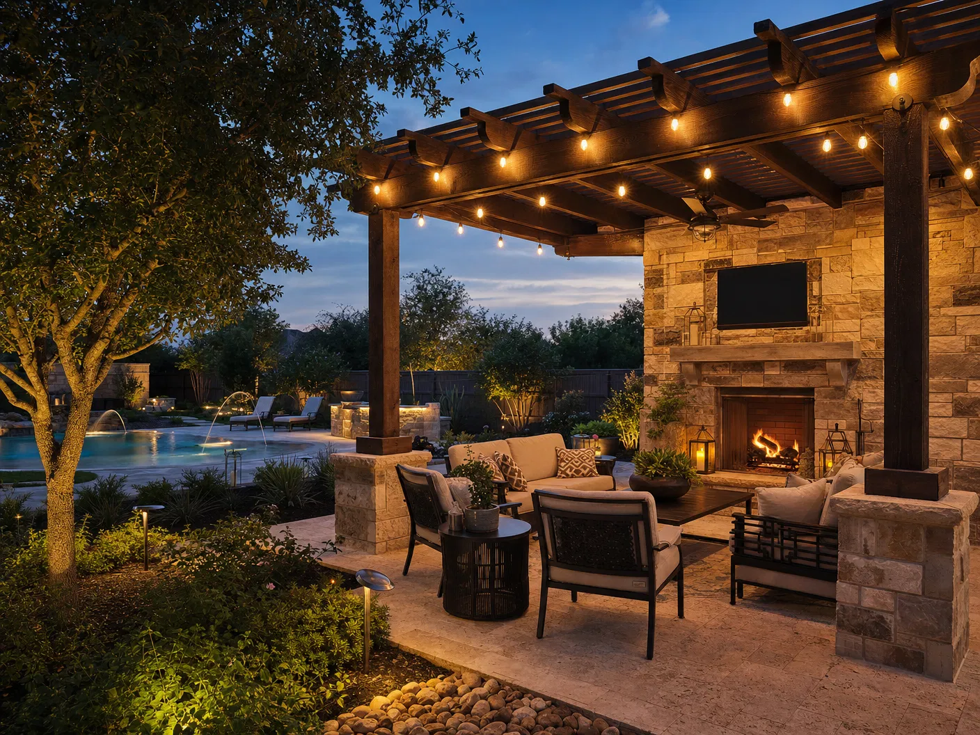 Luxury outdoor living space with pergola and fireplace