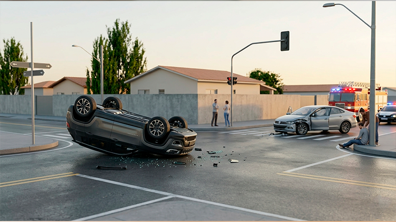 Batida em cruzamento termina com carro capotado e três feridos em Uberlândia