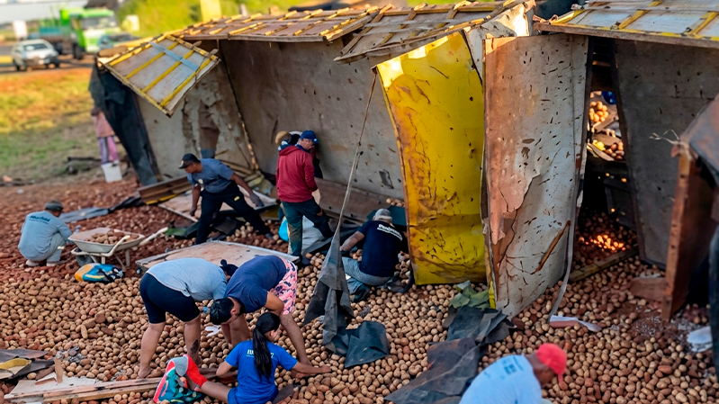 25 toneladas de batatas ficam espalhadas após tombamento de carreta em Uberlândia