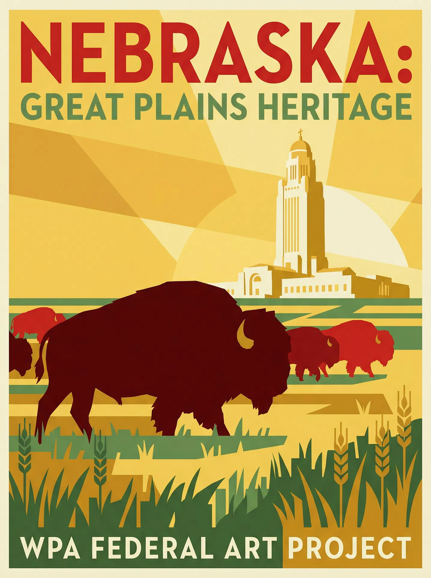 Male Buffalo herd with Nebraska Capitol — Art Deco print