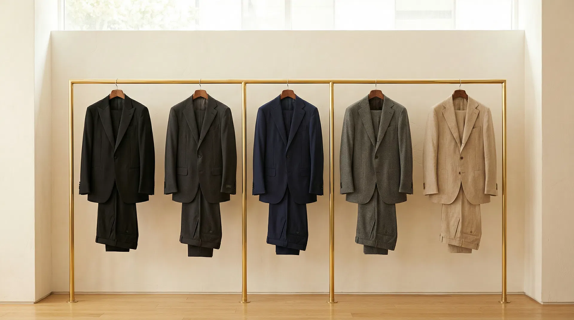 Cinco ternos em cores diferentes: preto, carvão, azul marinho, cinza e bege