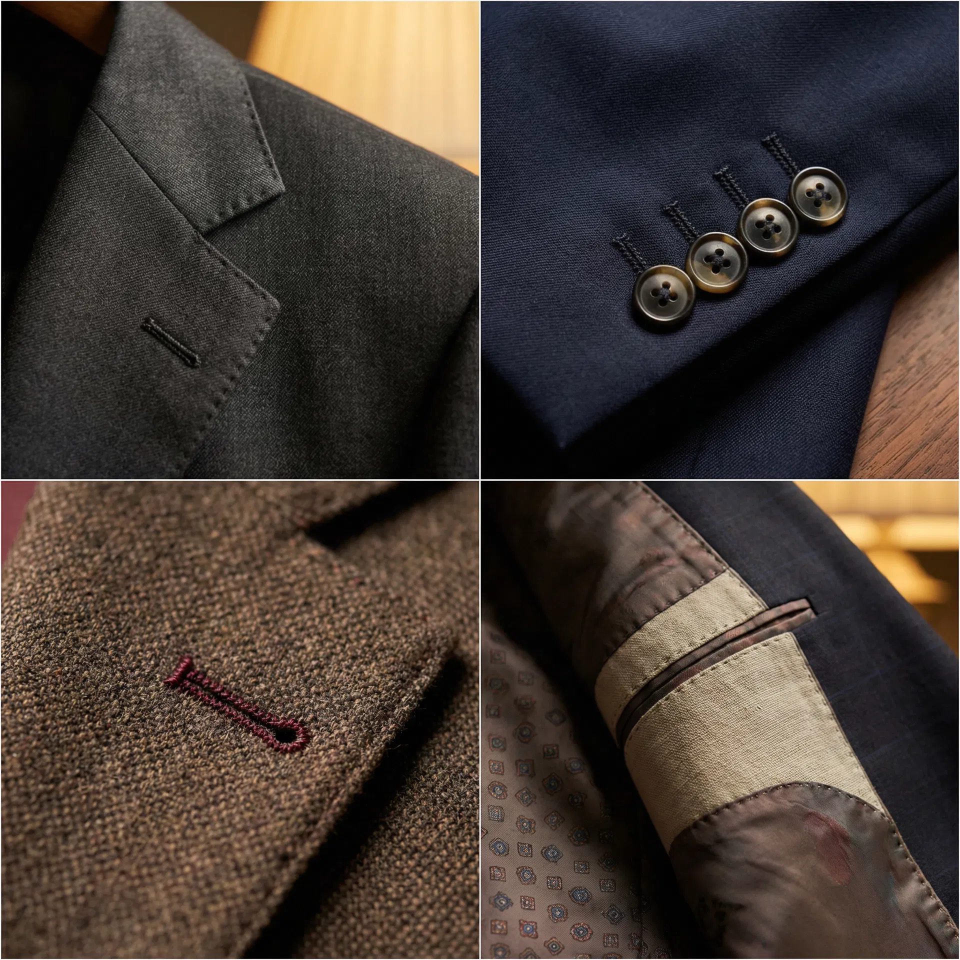 Detalhes de um terno premium: lapela, botões, caseado e forro