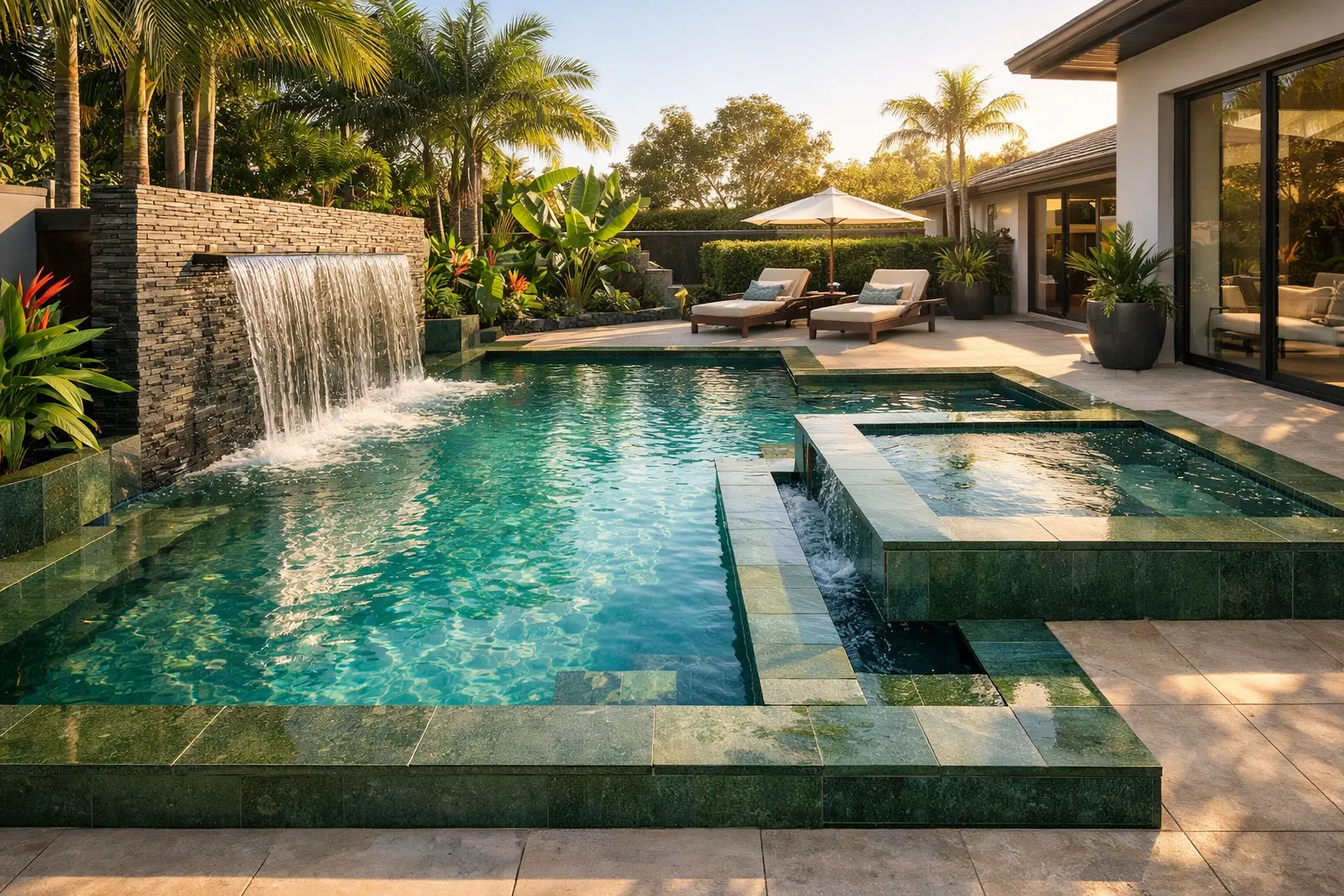 Piscina com cascata hijau e spa integrado com paisagismo tropical