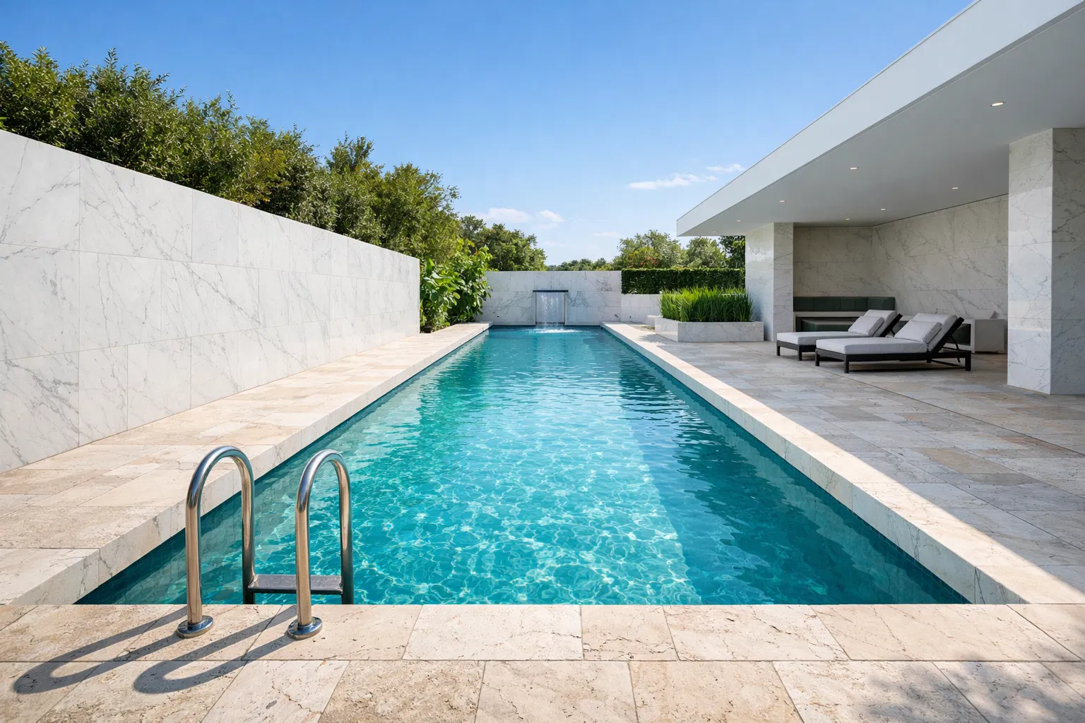 Piscina olímpica minimalista com acabamento em mármore branco