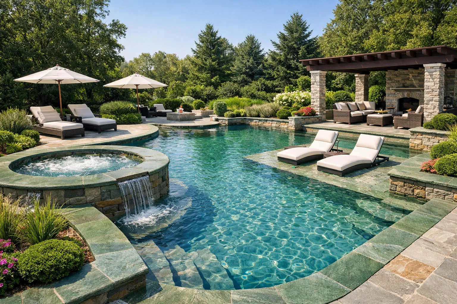 Resort aquático completo com múltiplas áreas, spa, sauna e lounge premium