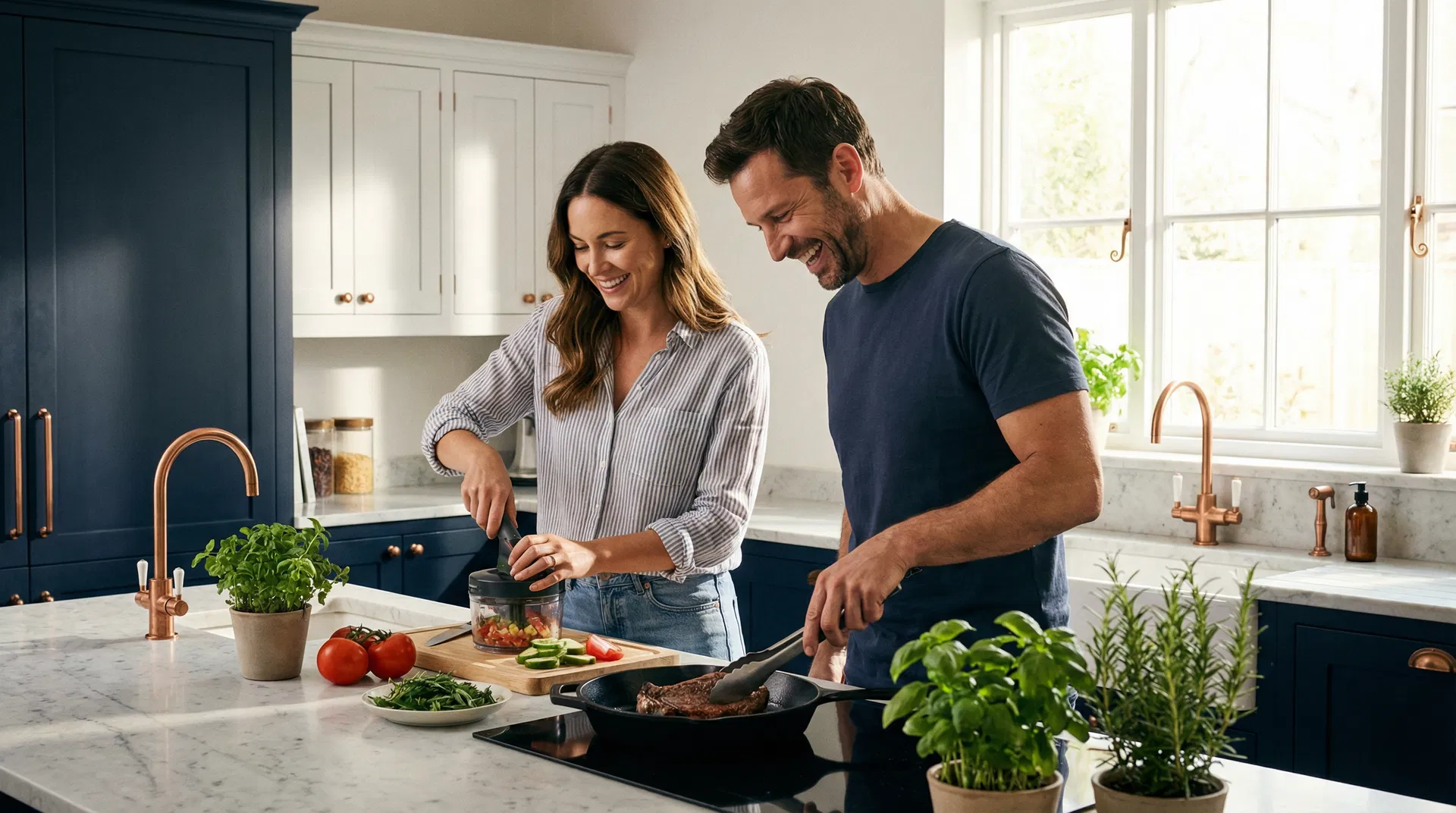 Happy couple cooking with NovaTech gadgets