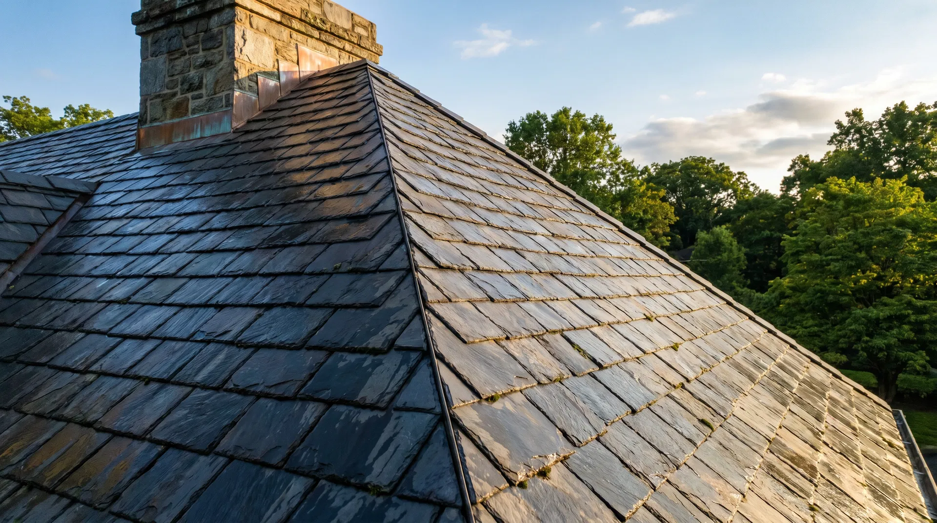 Natural slate roof tiles on a luxury Florida home showing 100-year durability and classic appearance