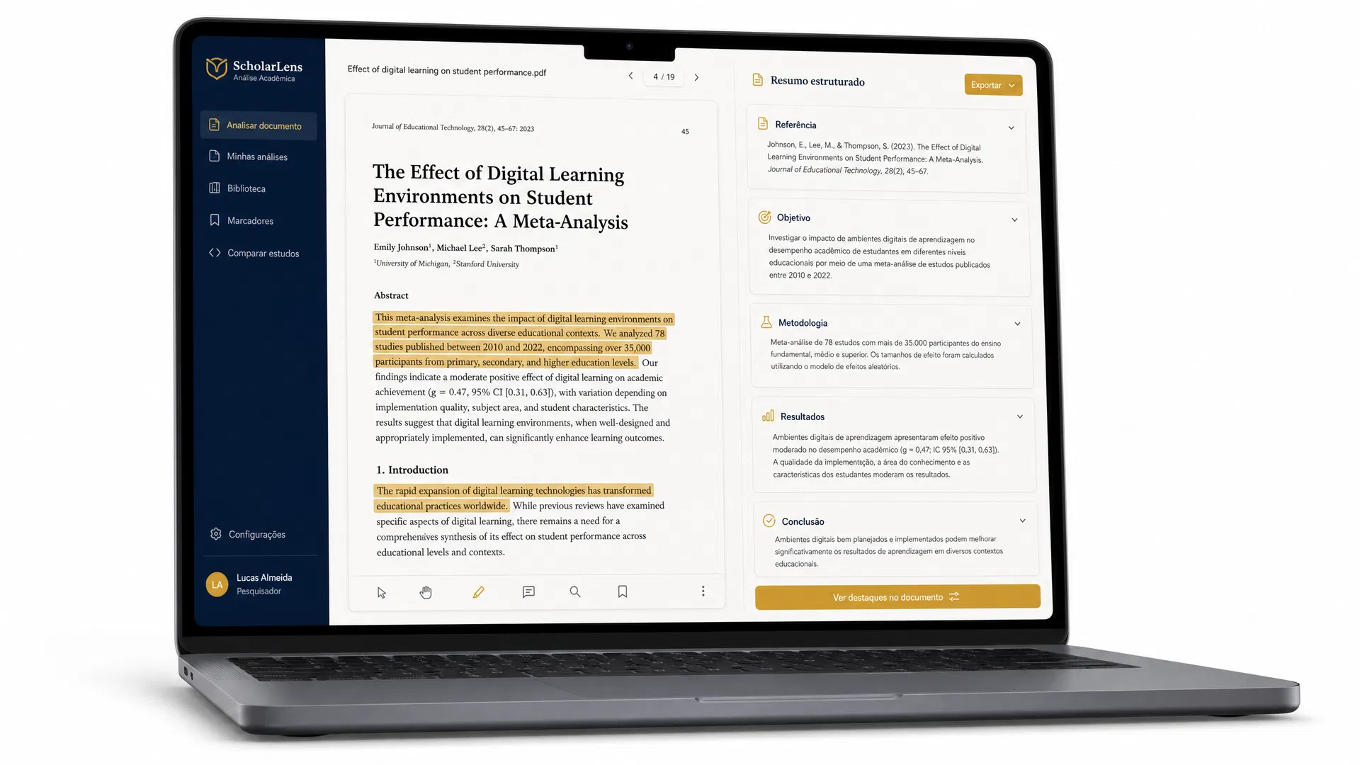 Interface do Methodus AI Fichamento mostrando análise de artigo científico