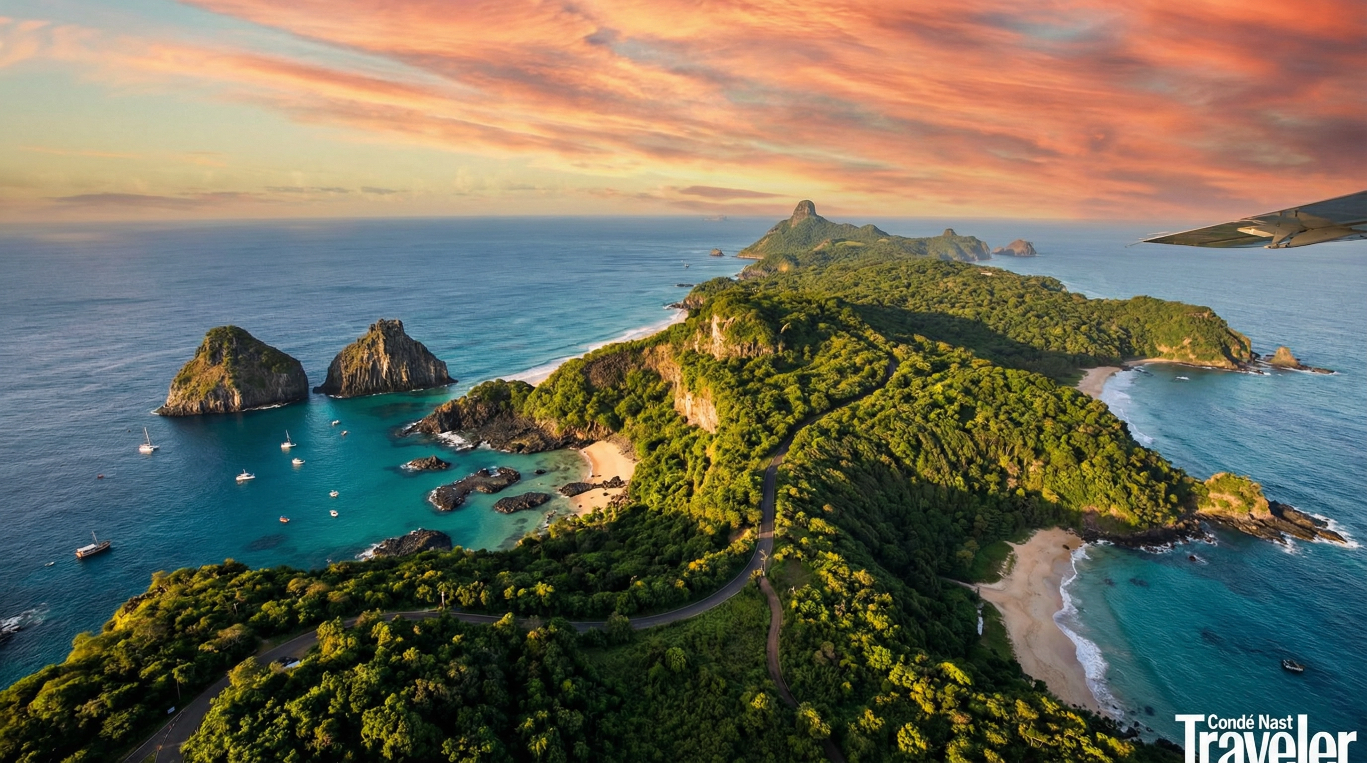 Fernando de Noronha aerial view at golden hour