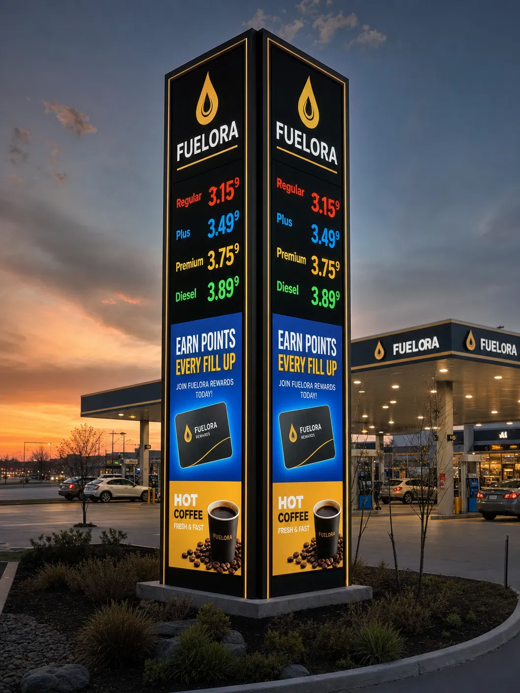 Totem LED dupla face em posto de combustível
