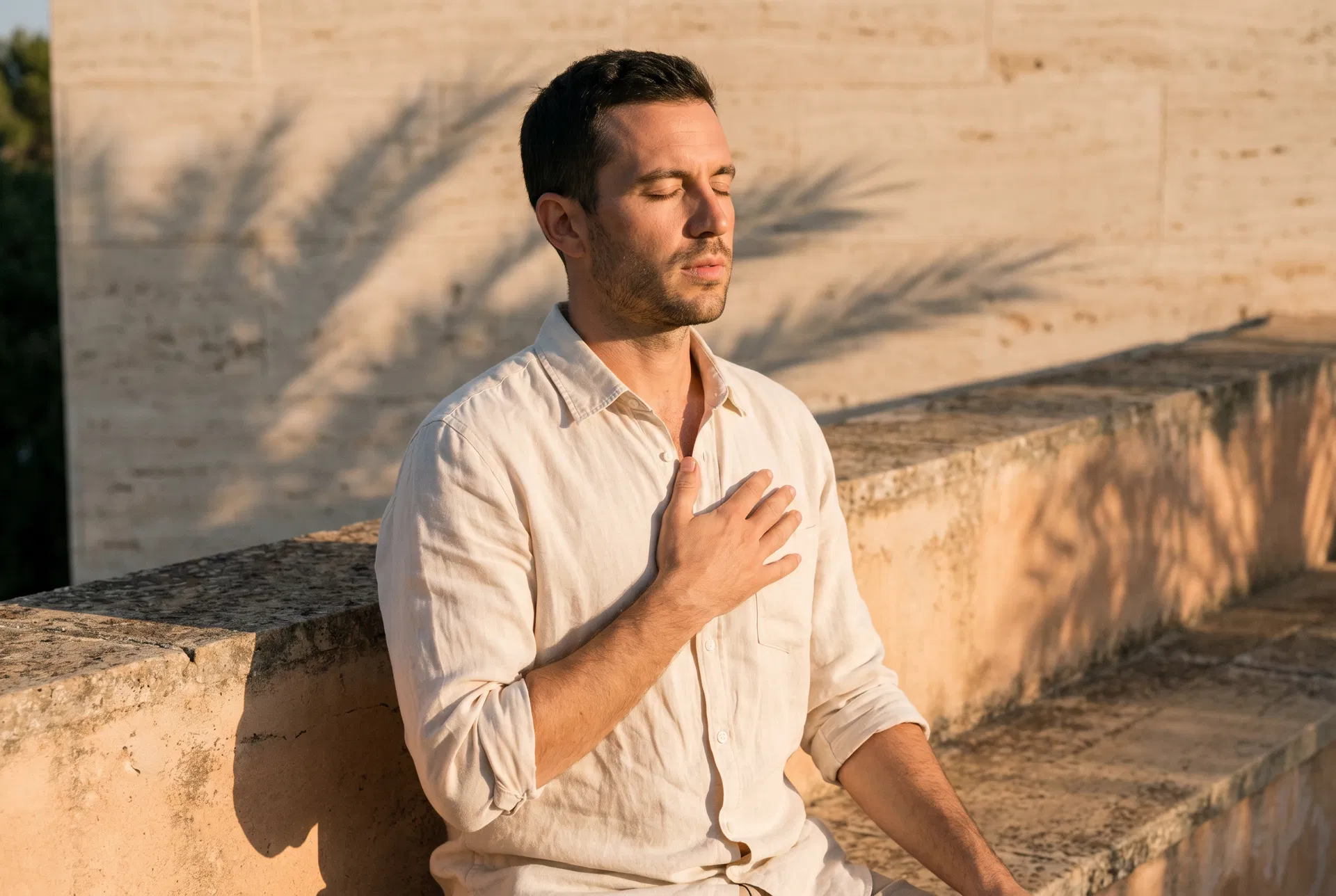 A young man in a cream linen shirt sits on a sunlit Miami terrace, eyes closed, hand on his chest, breathing deliberately.