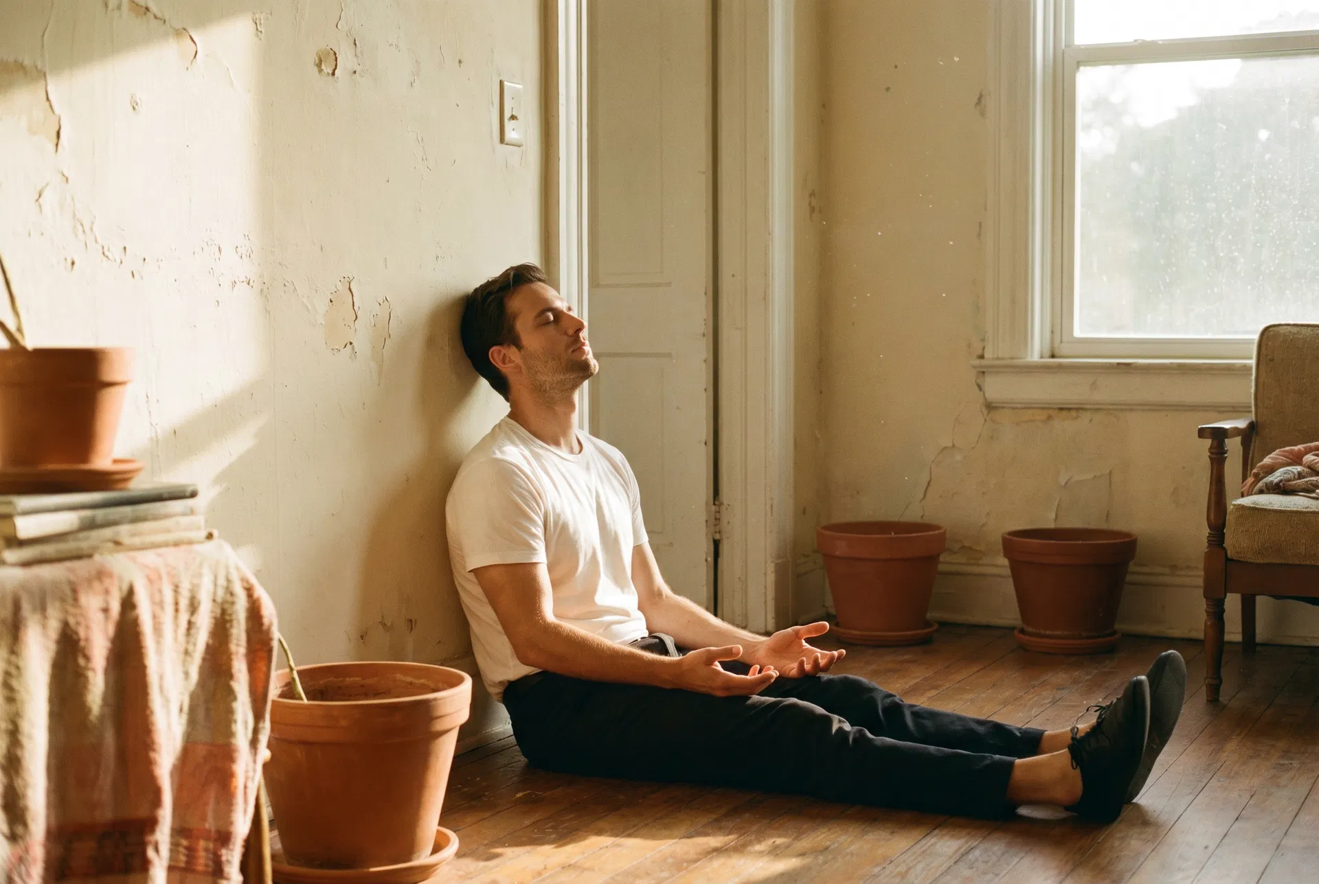 A young man in a white t-shirt sits on the floor of a sun-bleached Miami room, head tilted back, eyes closed, in late-afternoon light.