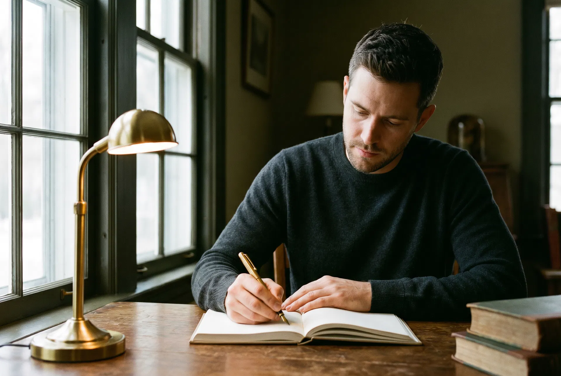 A young man in a charcoal sweater writing in a hardcover linen journal at a wooden desk by a window.