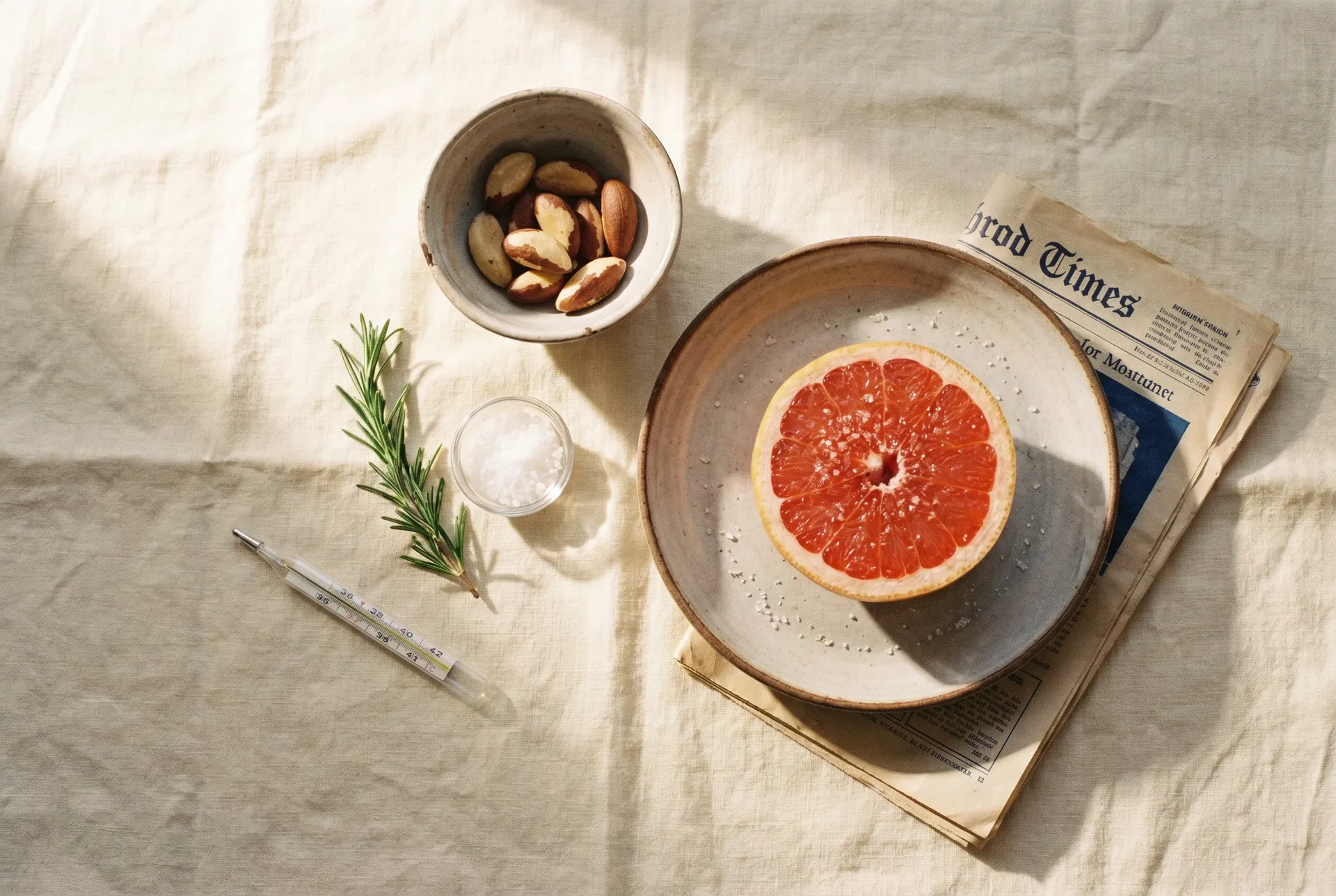 Still-life of a porcelain plate with grapefruit, olive oil, rosemary, brazil nuts and a thermometer in raking morning light.