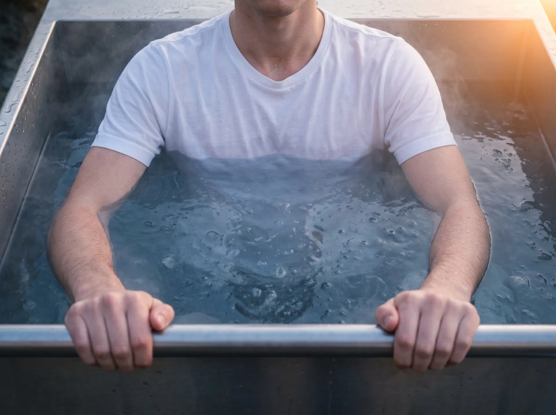 Top-down view of a young man in a white t-shirt submerged from the chest down in a stainless-steel cold plunge tub at dawn.