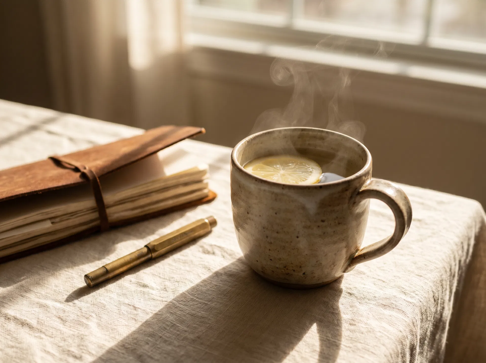 A ceramic mug of warm water with lemon and a leather notebook on a sunlit linen tablecloth.