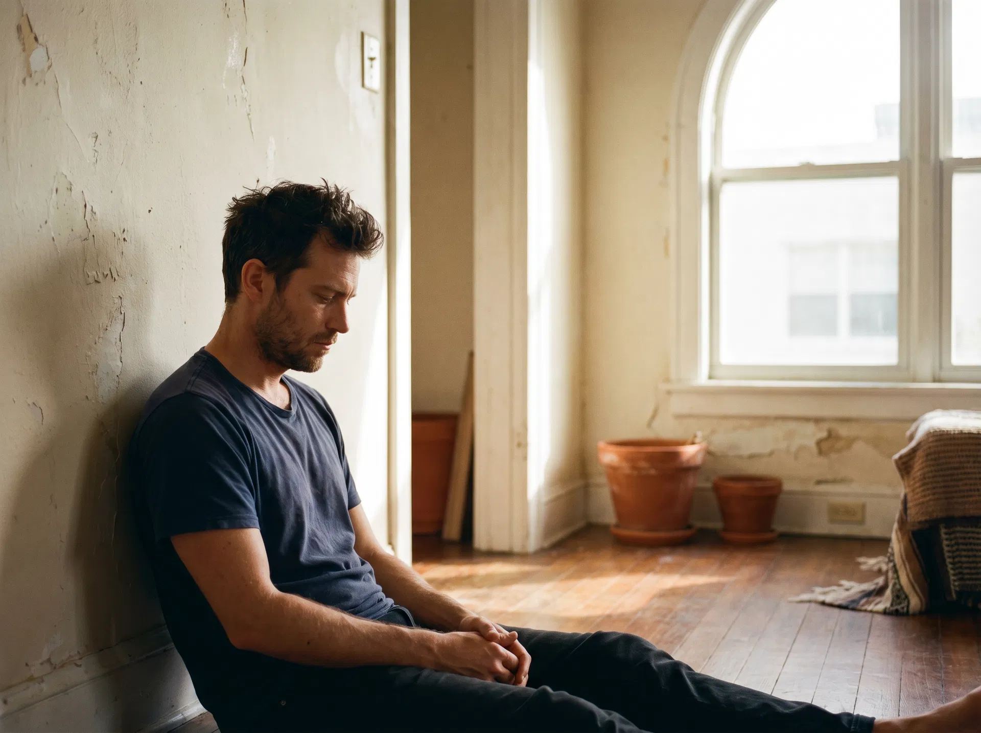 A young man in a navy t-shirt sits alone against a chalky cream wall, hands open in his lap, in late-afternoon light.