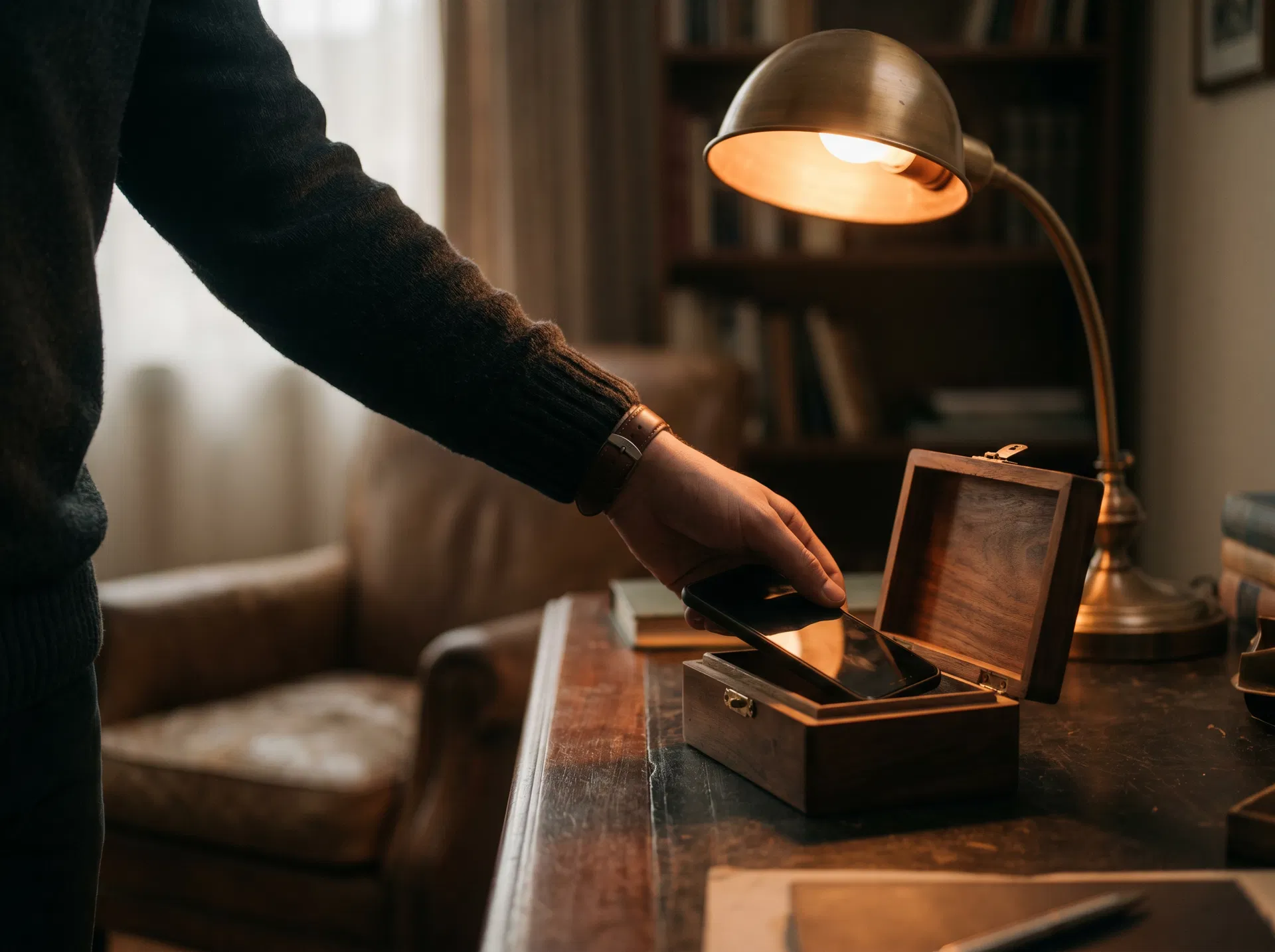 A man's hand placing a smartphone face-down inside a small wooden box on a desk lit by a brass lamp.