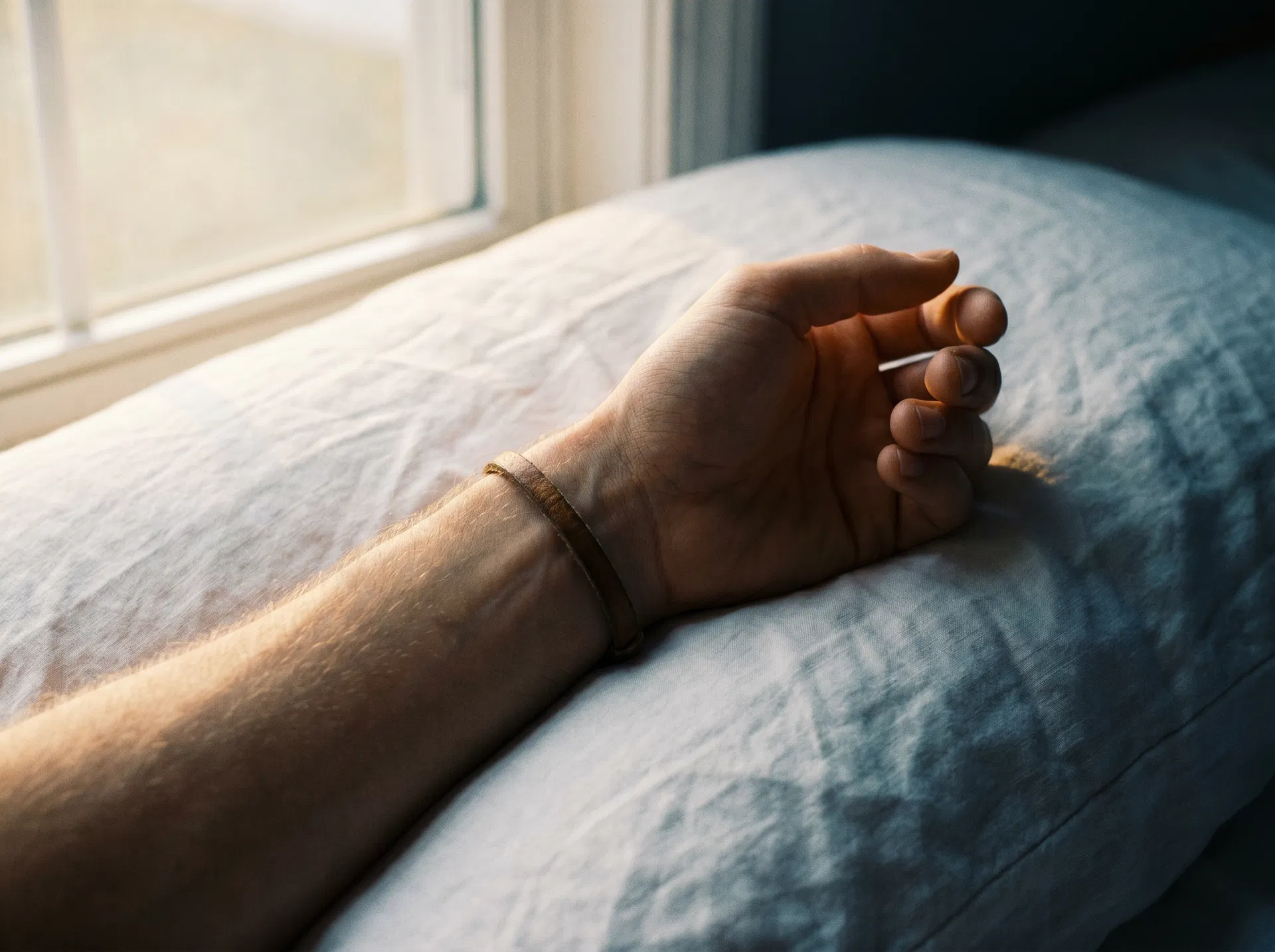Close-up of a man's bare forearm at rest on a rumpled white linen pillow at sunrise, fingers relaxed.