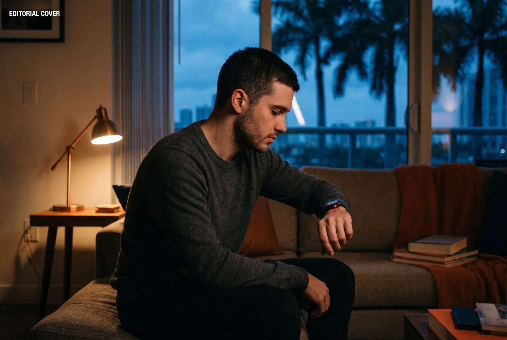 A young man in a charcoal sweater sits alone on a low couch in a dim Miami apartment at dusk, glancing at a fitness wearable on his wrist that glows faintly red.