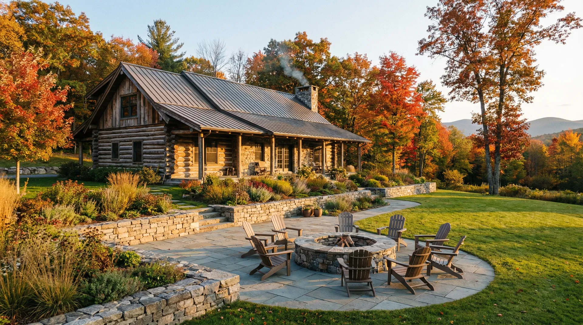 Rustic log cabin home with natural stone patio and fire pit Poughkeepsie NY