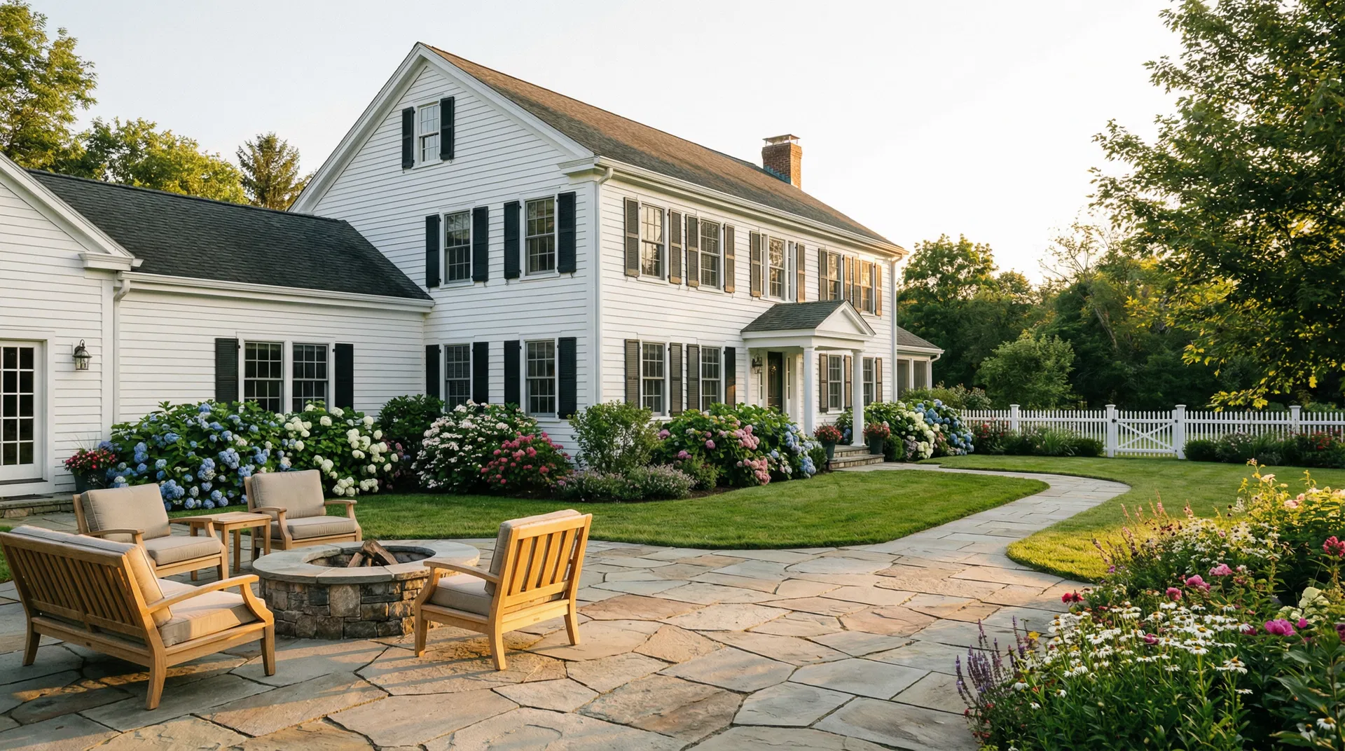 Custom flagstone patio with fire pit at white New England colonial home