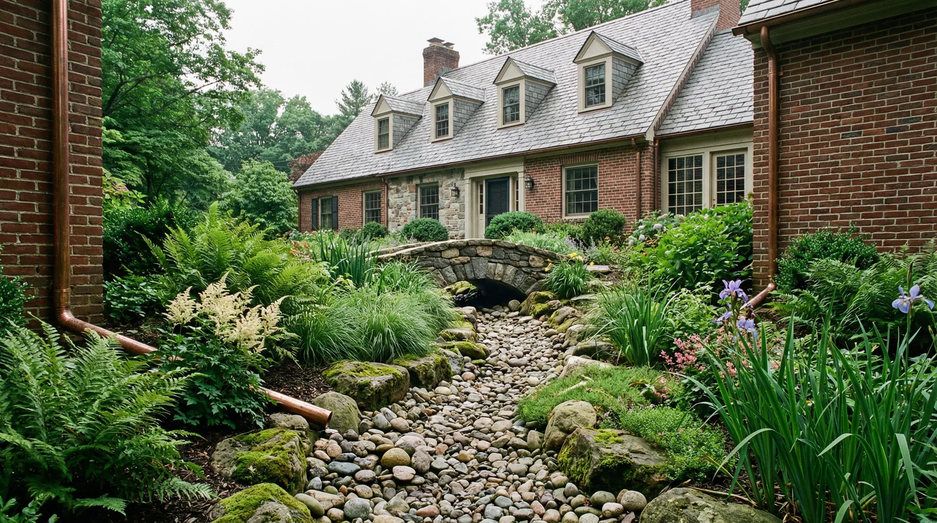 Rain garden and dry creek bed drainage solution at Northeastern colonial home NY