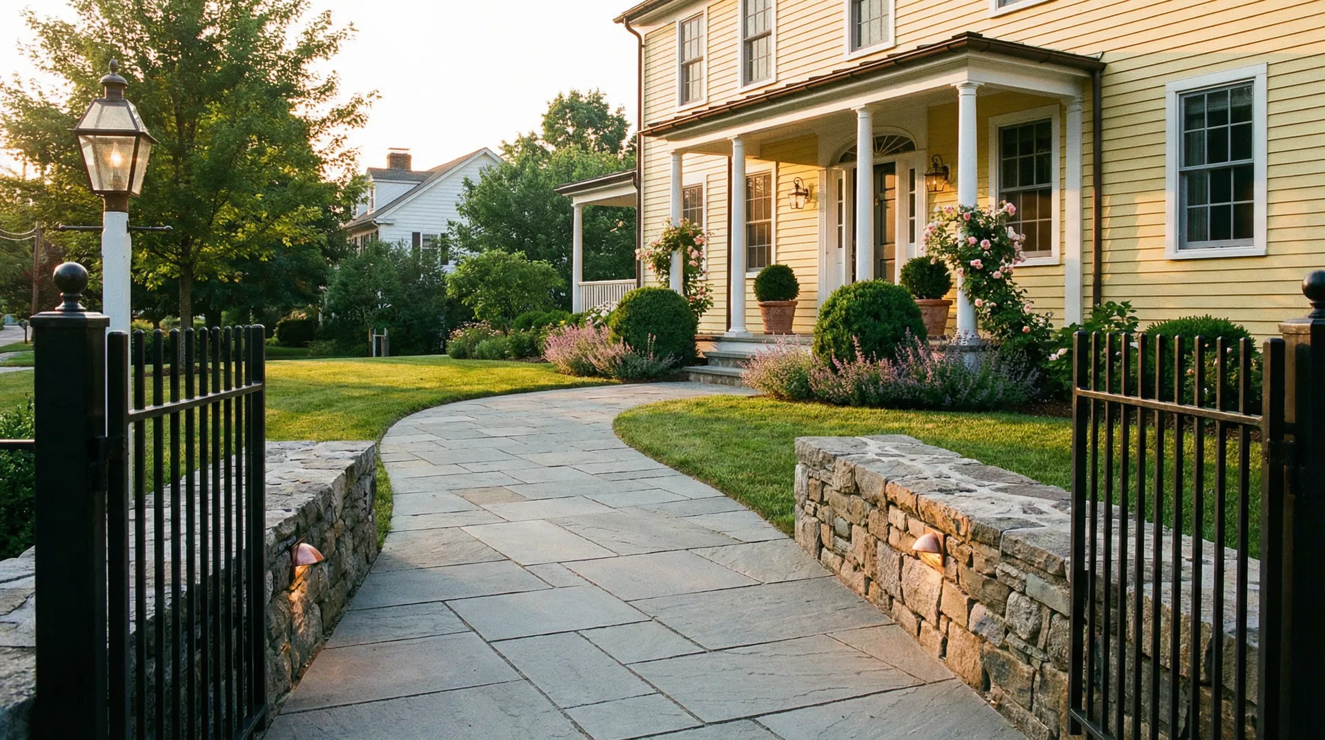 Curved bluestone walkway with fieldstone walls and iron gate at Federal-style home Dobbs Ferry NY
