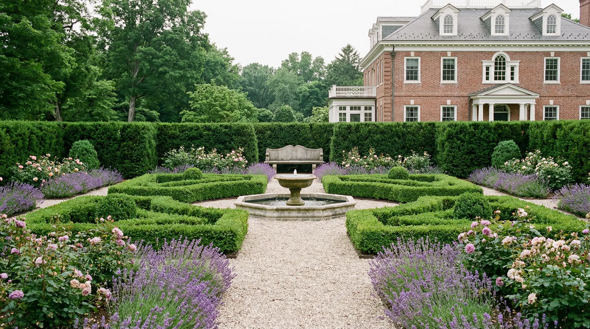 Formal English parterre garden with stone fountain at Georgian brick colonial Tuxedo Park NY