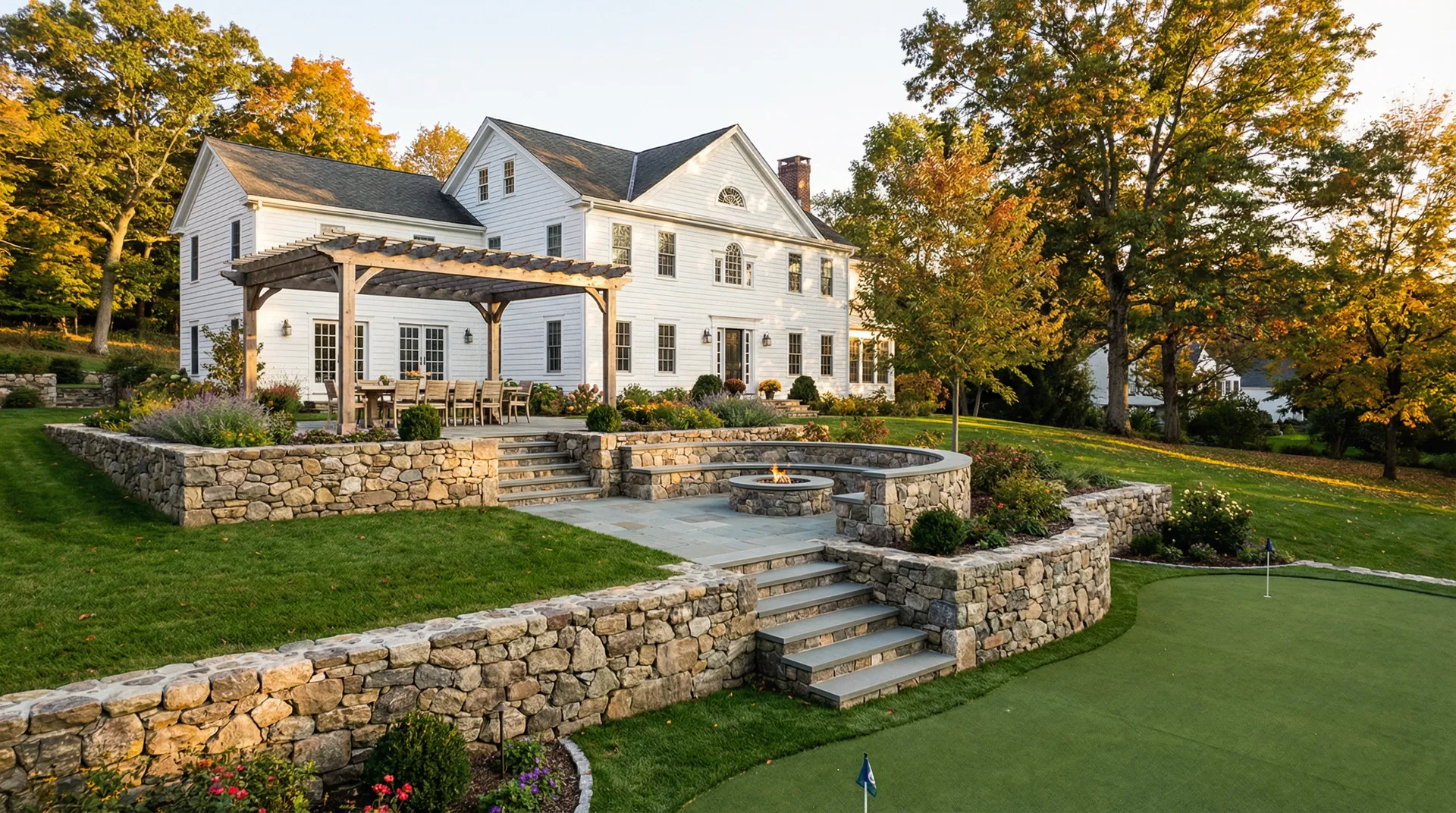 Multi-level stone terrace with pergola fire pit and putting green at colonial home Millbrook NY
