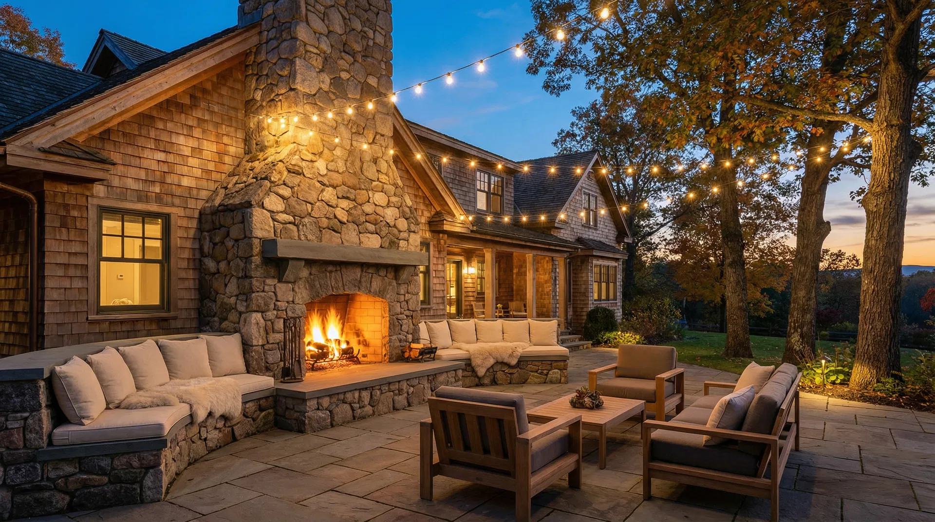Massive outdoor fieldstone fireplace with built-in seating and string lights at shingle-style home Tarrytown NY
