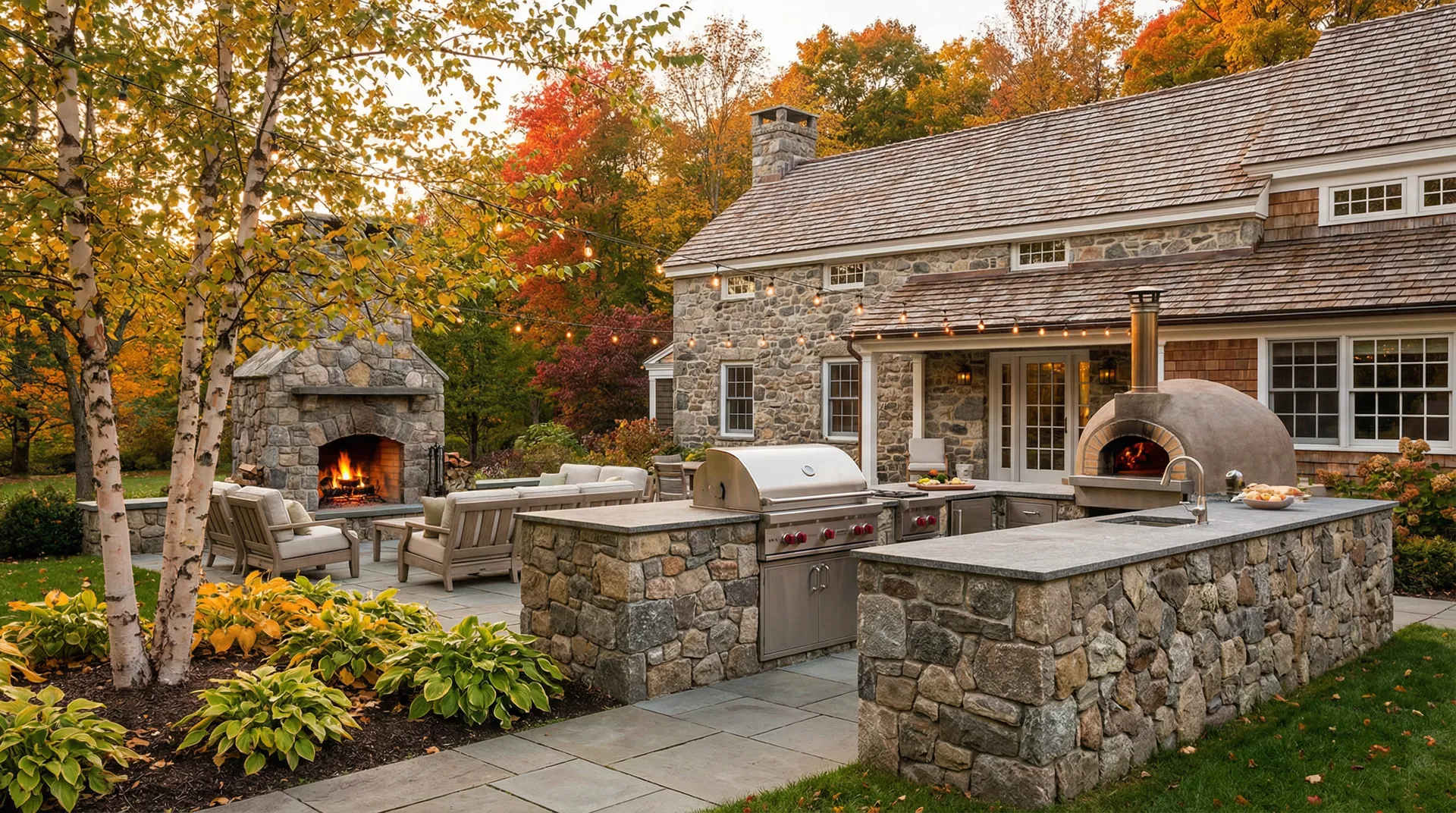 Custom outdoor stone kitchen with fireplace behind stone farmhouse Hudson Valley NY