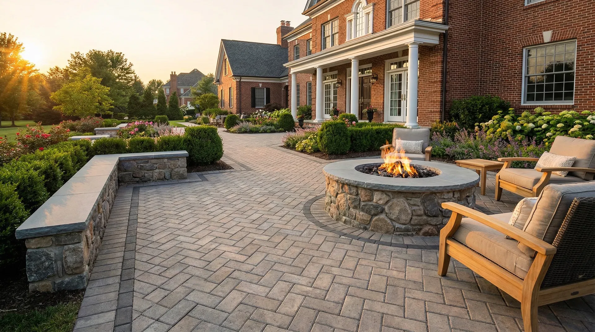 Unilock paver patio with fieldstone fire pit at Georgian colonial estate