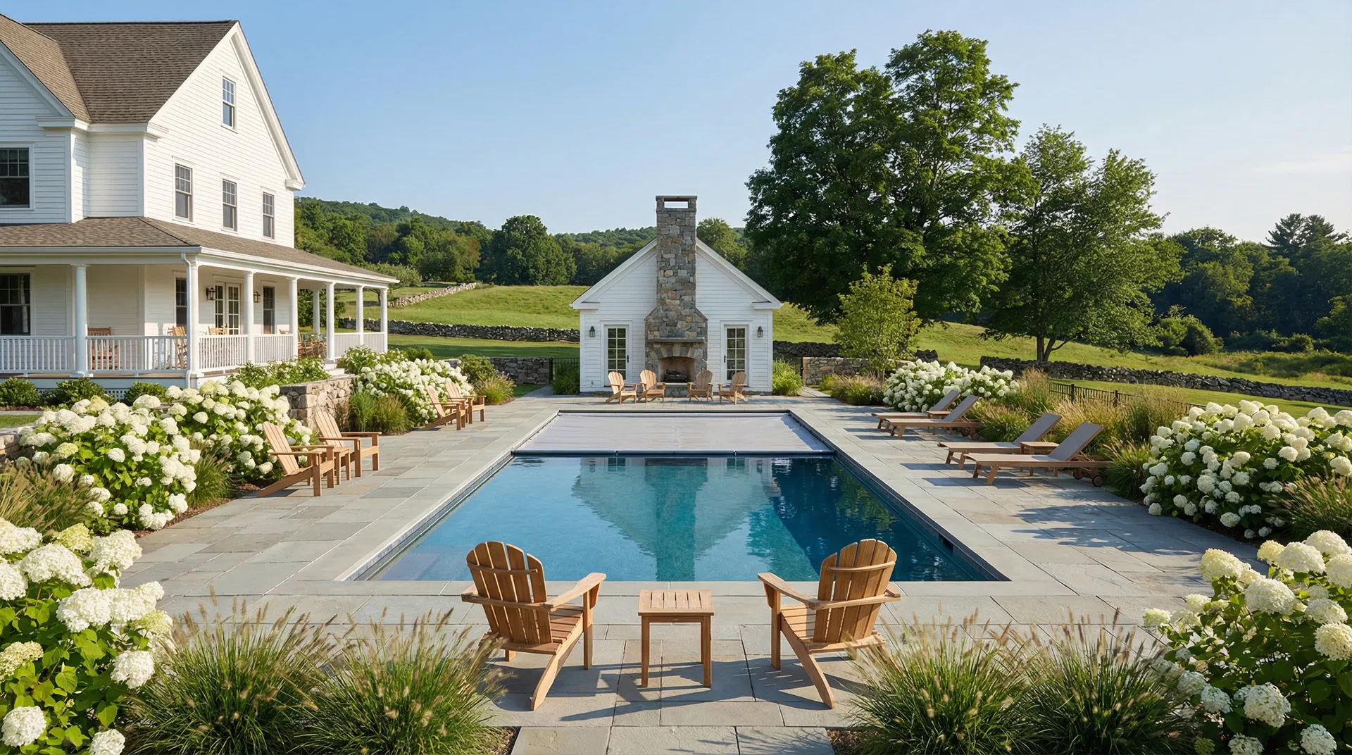 Rectangular pool with bluestone patio and pool house at white New England farmhouse Warwick NY