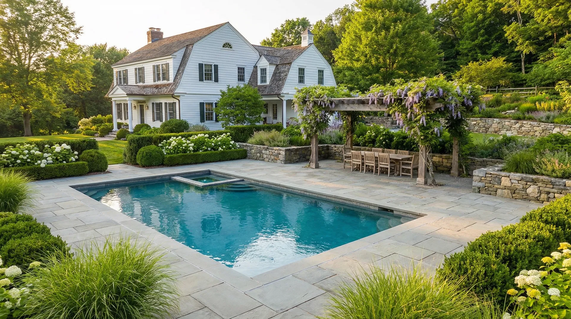 Luxury pool and bluestone patio behind Dutch Colonial home in Hudson Valley NY