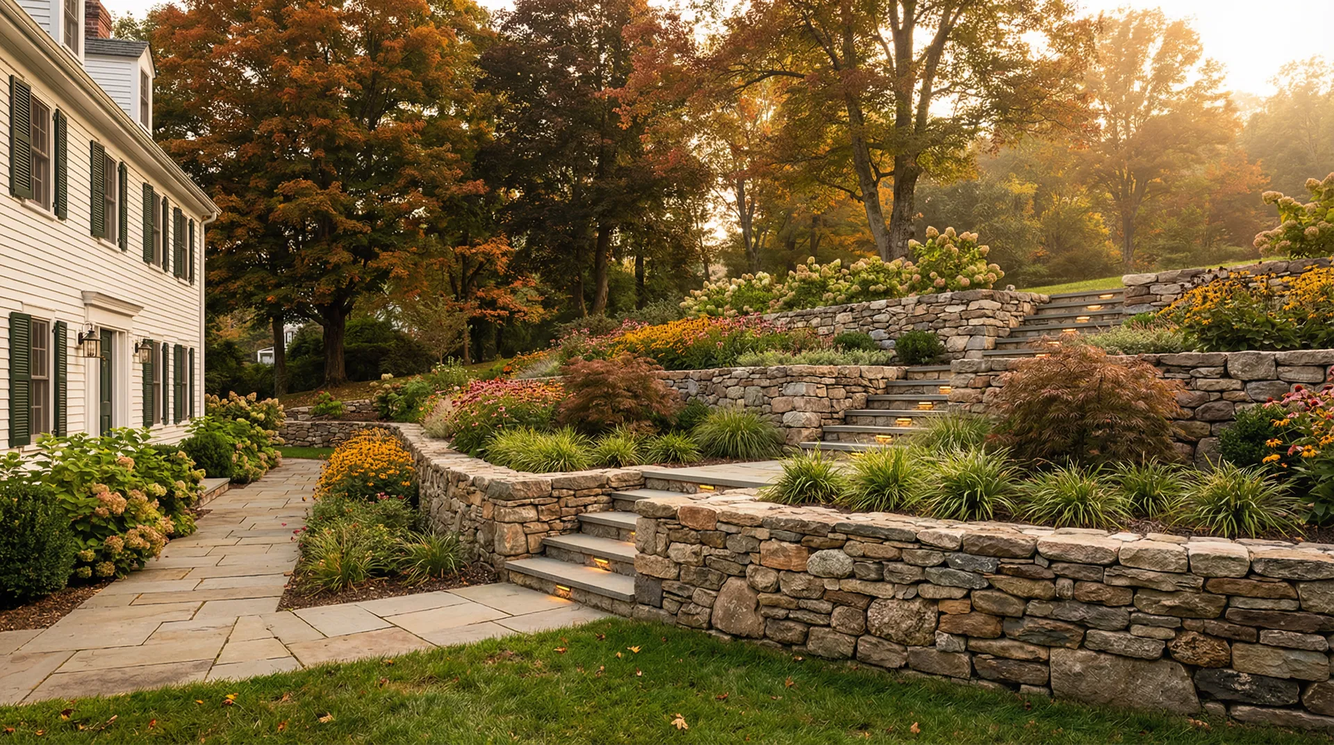 Multi-tiered natural fieldstone retaining wall beside colonial home Hudson Valley NY