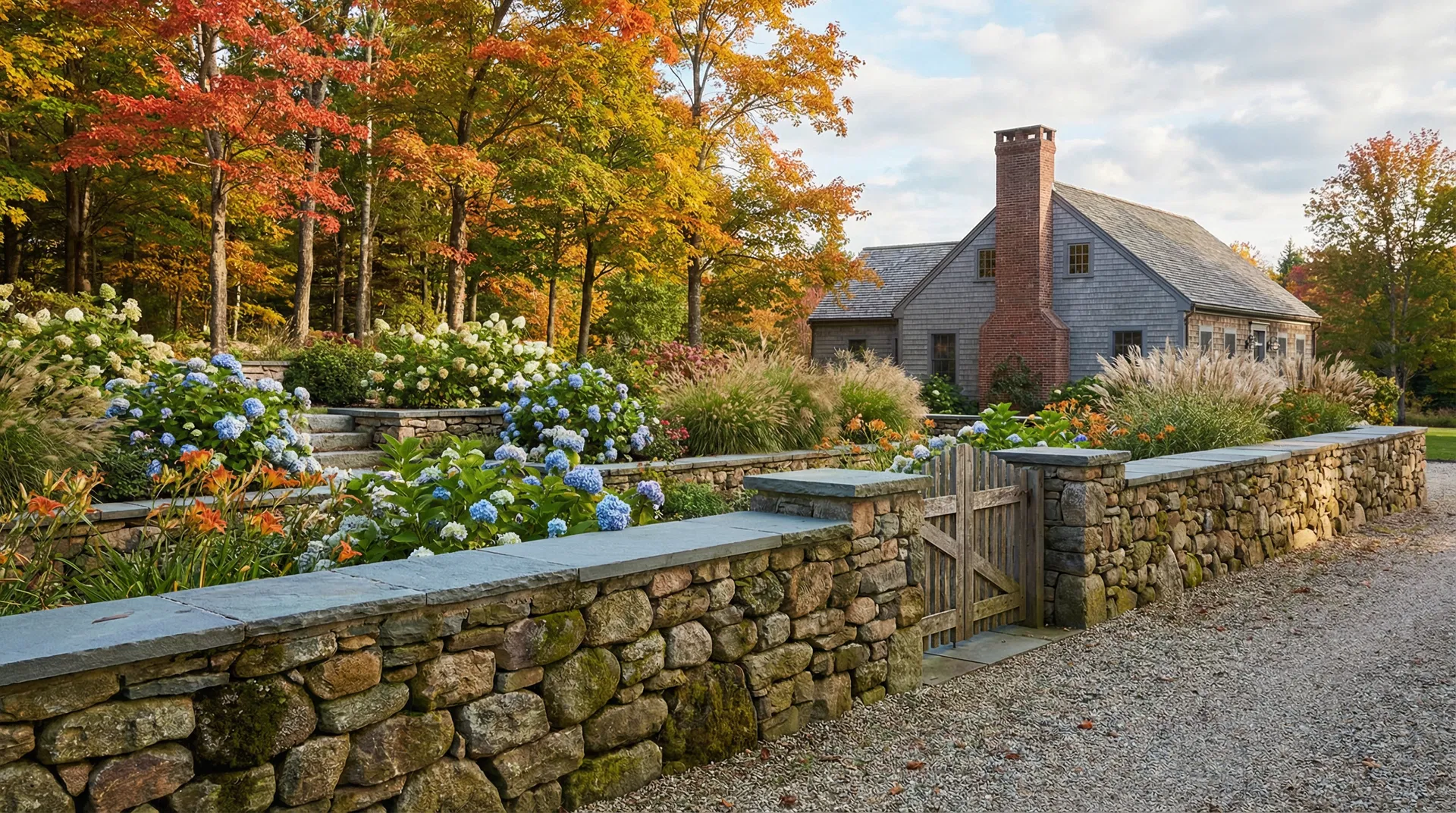 Dry-stacked fieldstone wall with hydrangea gardens at saltbox home Katonah NY