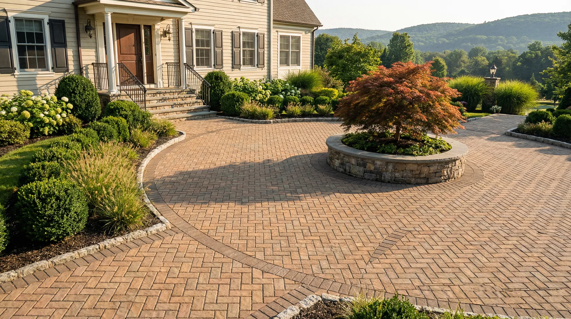 Herringbone Unilock paver circular driveway with Japanese maple at Dutch Colonial home Croton-on-Hudson NY