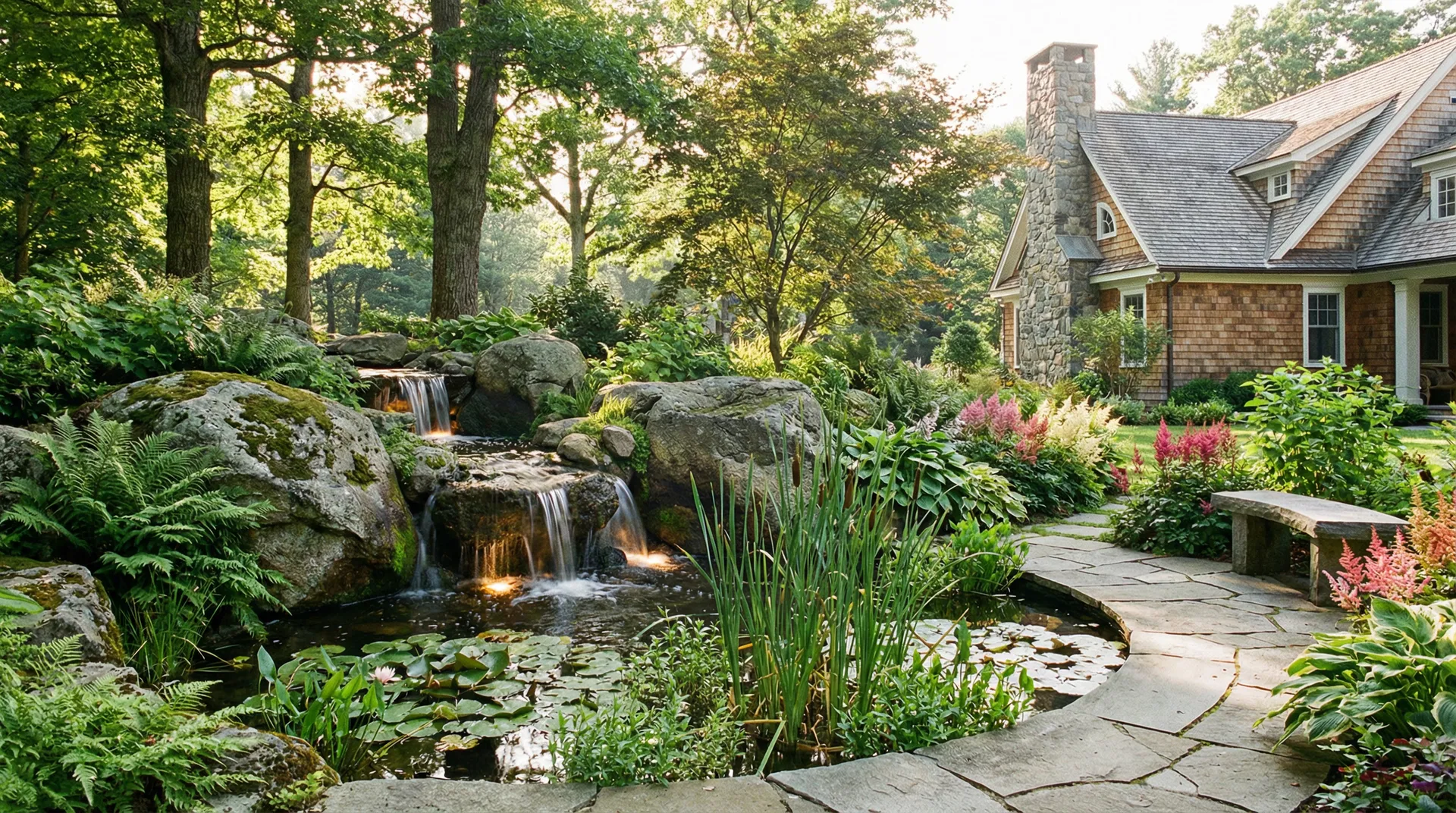 Natural boulder waterfall and pond beside shingle-style home Hudson Valley garden
