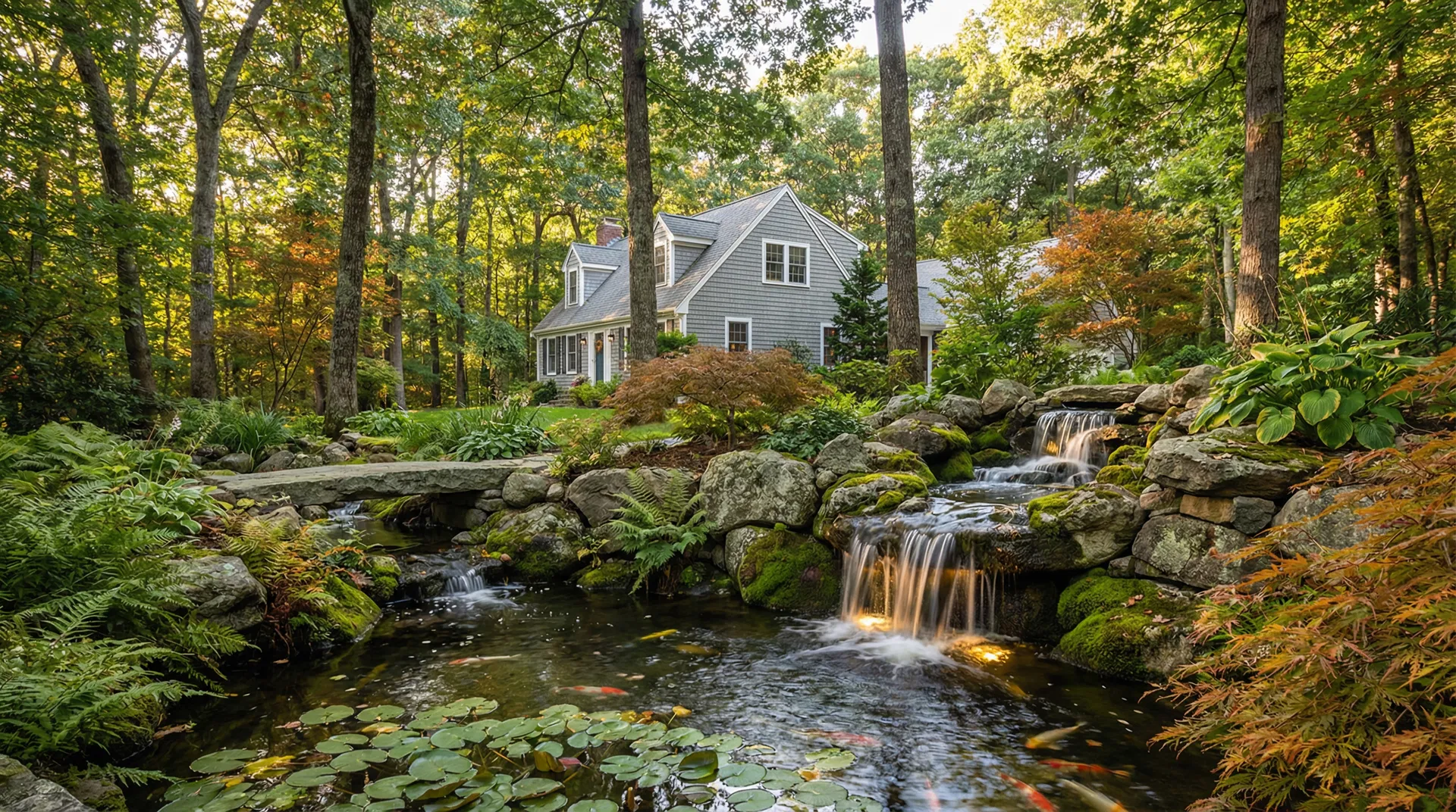 Naturalistic waterfall and koi pond with stone bridge at Cape Cod home Peekskill NY