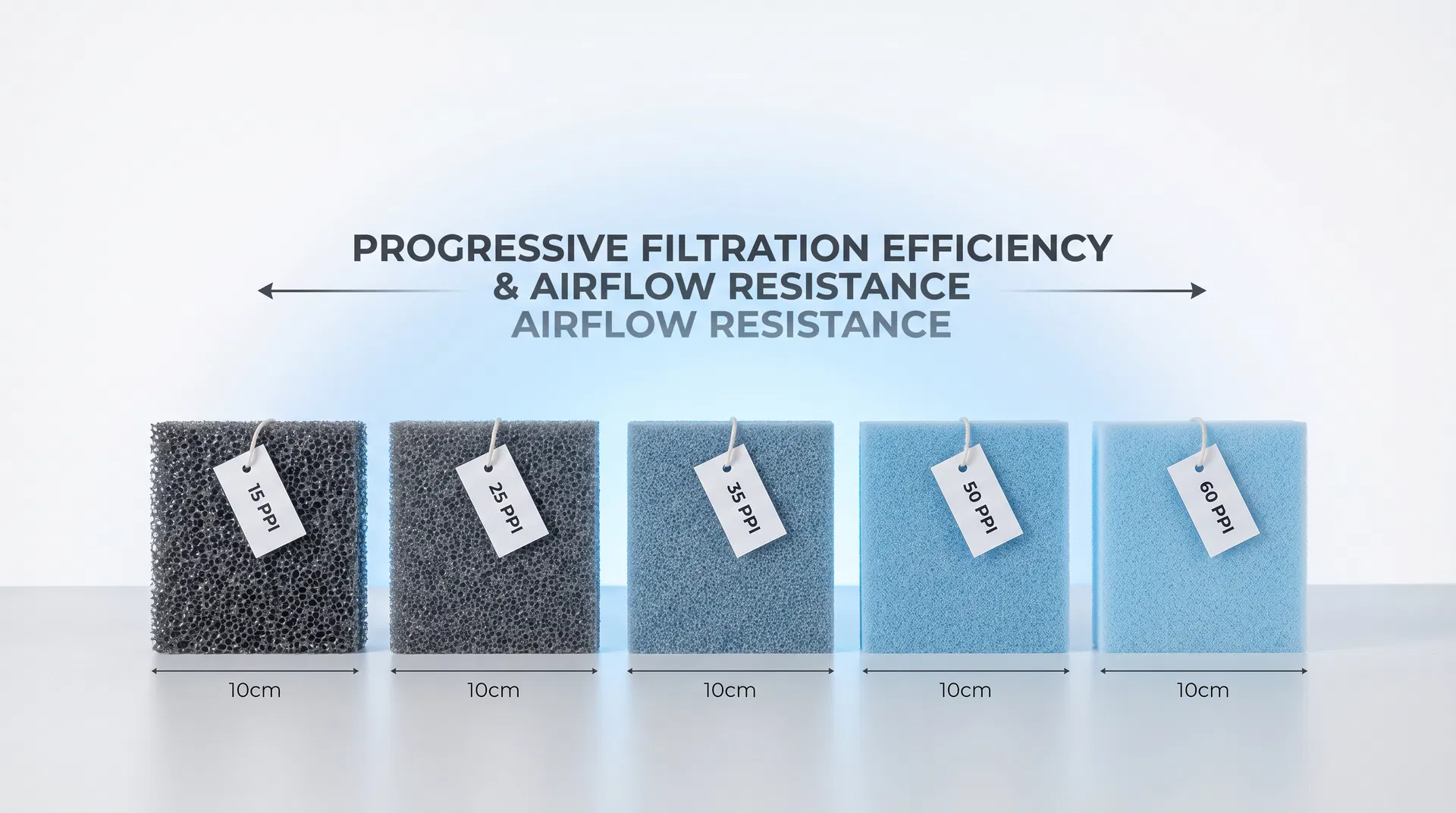 Comparação de espumas filtrantes 15, 25, 35, 50 e 60 PPI