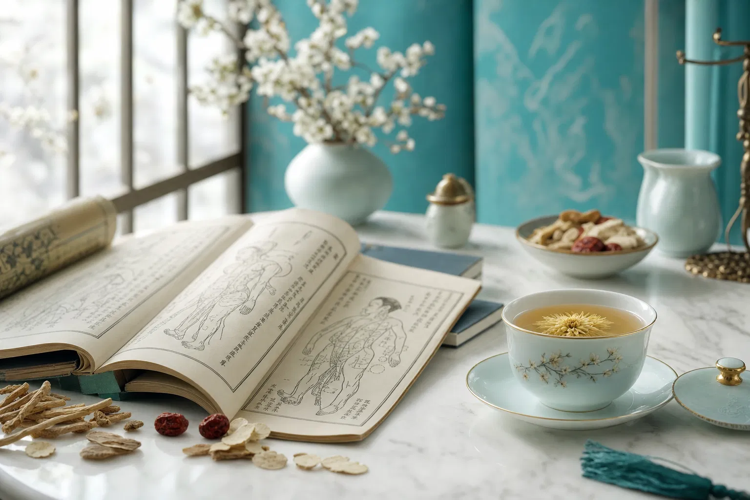 TCM education books and herbal tea