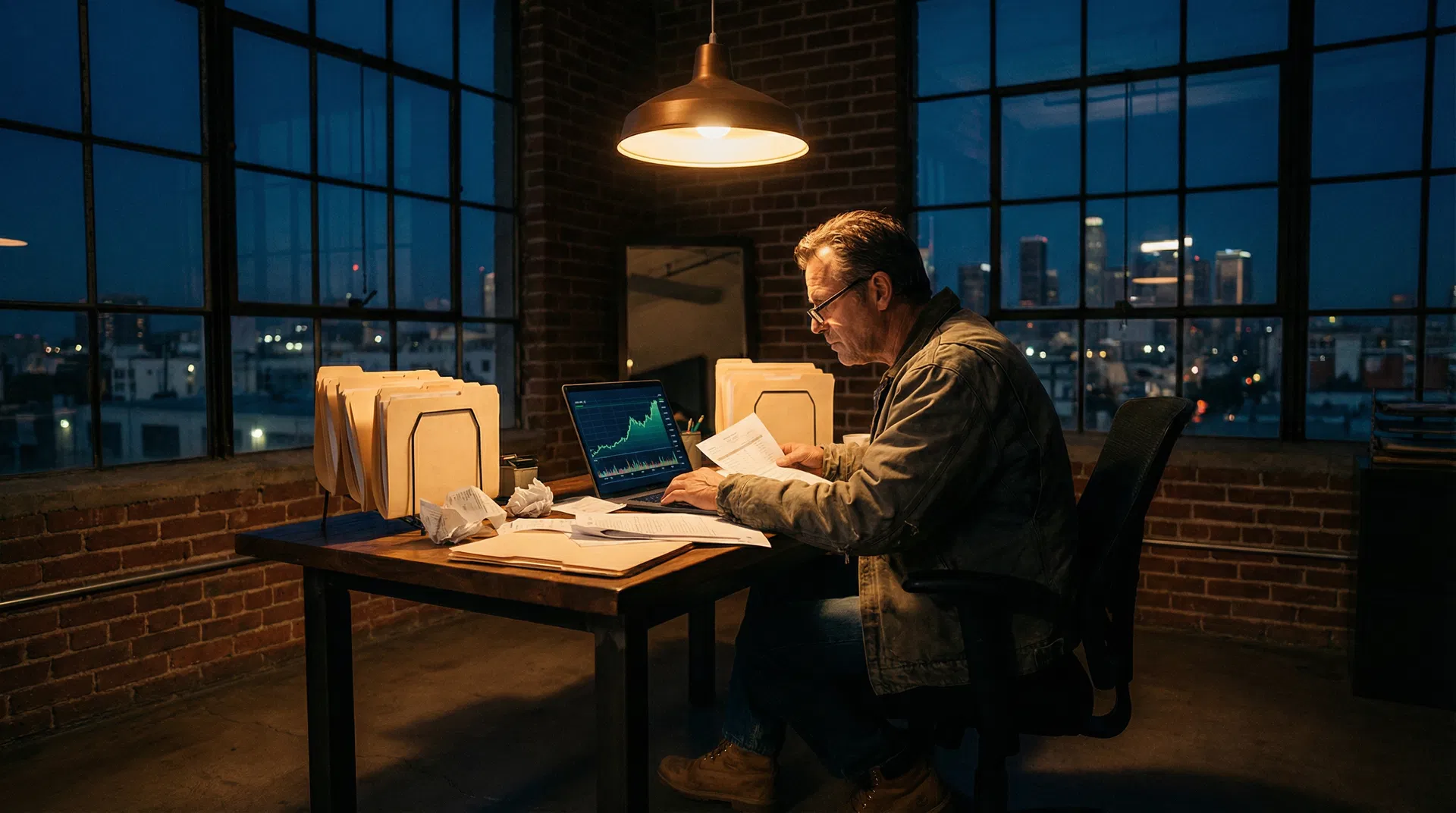 LA small business owner reviewing cash flow at night