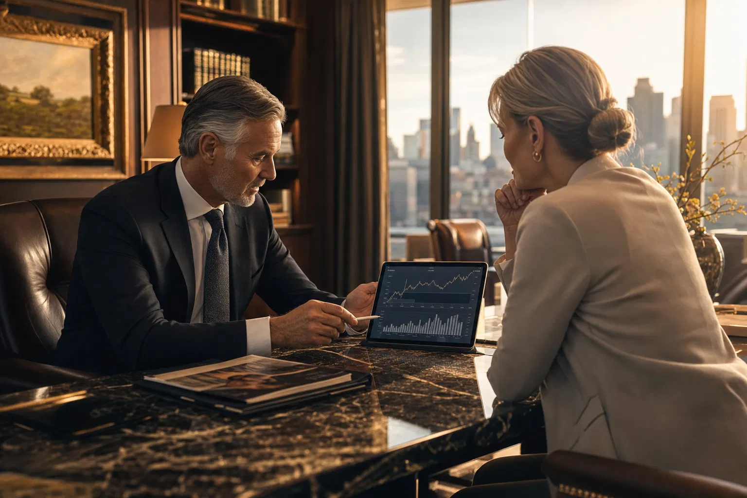 Wealth advisor reviewing deal analytics