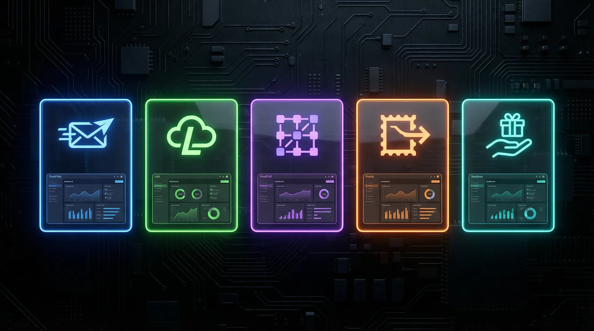 Direct mail automation platforms comparison showing PostPilot, Lob, PostGrid, Postie, and Sendoso with their distinct features