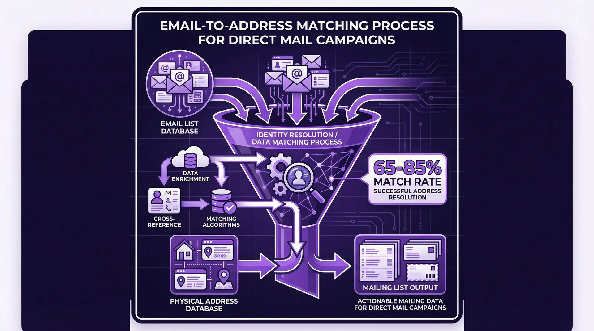 Email-to-address matching process showing 65-85% match rate