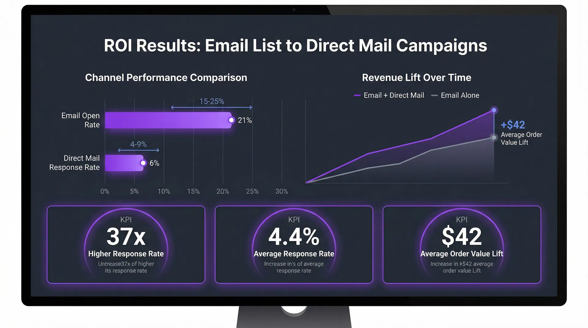 ROI results showing 37x higher response rate and $42 average order value lift