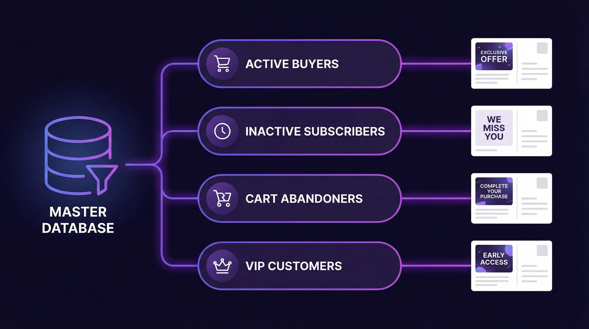 Email list segmentation showing active buyers, inactive subscribers, cart abandoners, and VIP customers