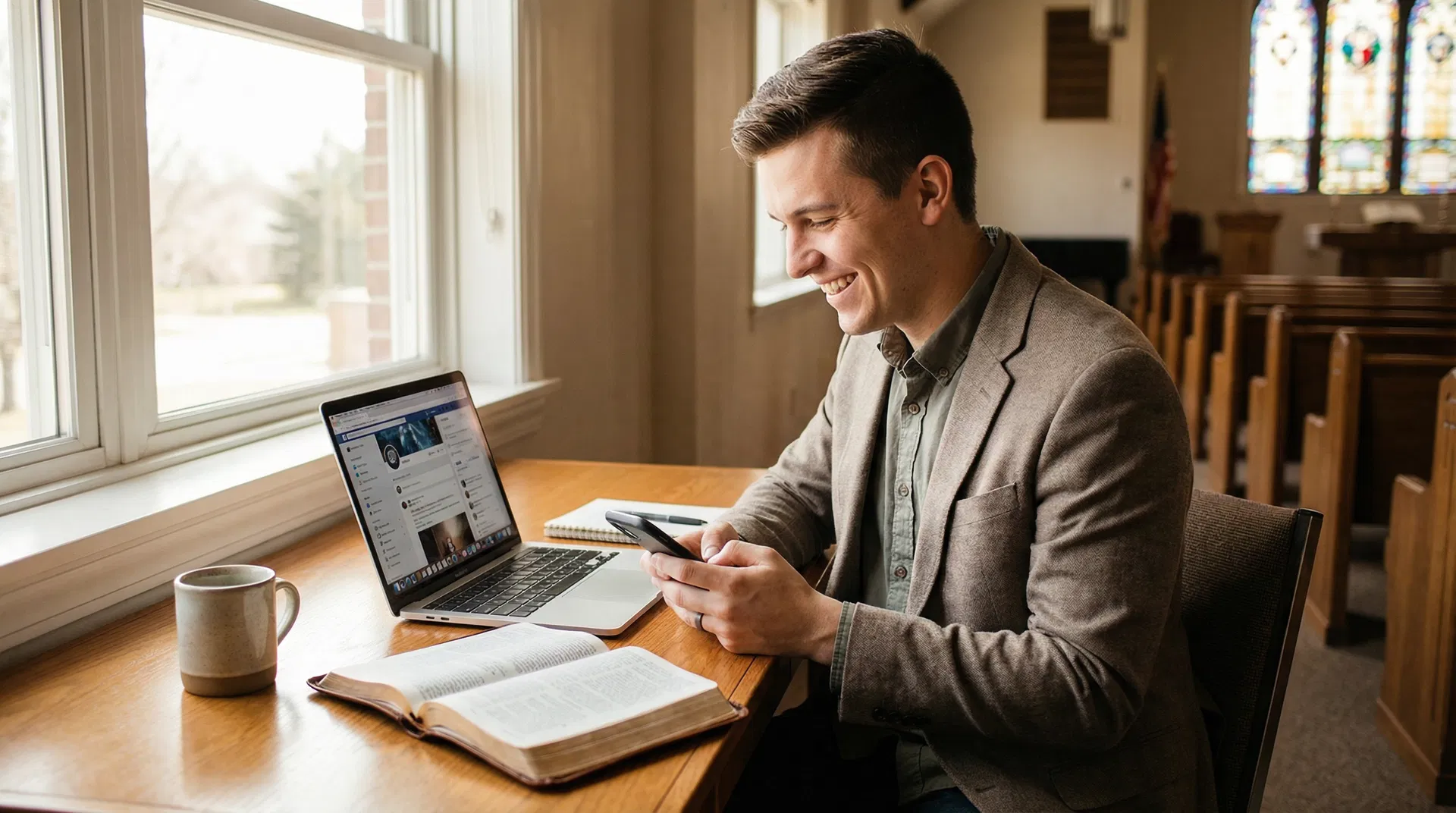 Pastor managing church social media strategy on laptop and smartphone