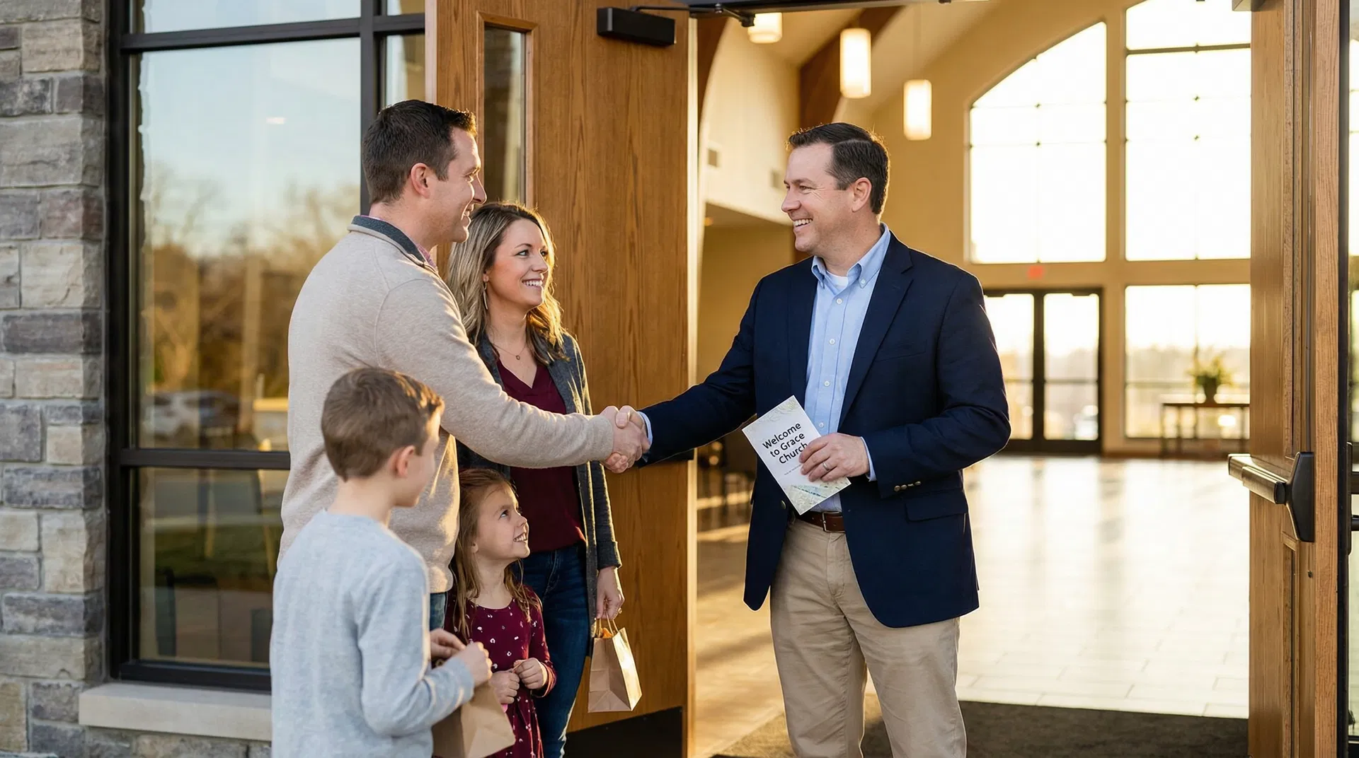 Pastor warmly greeting a family visiting church for the first time